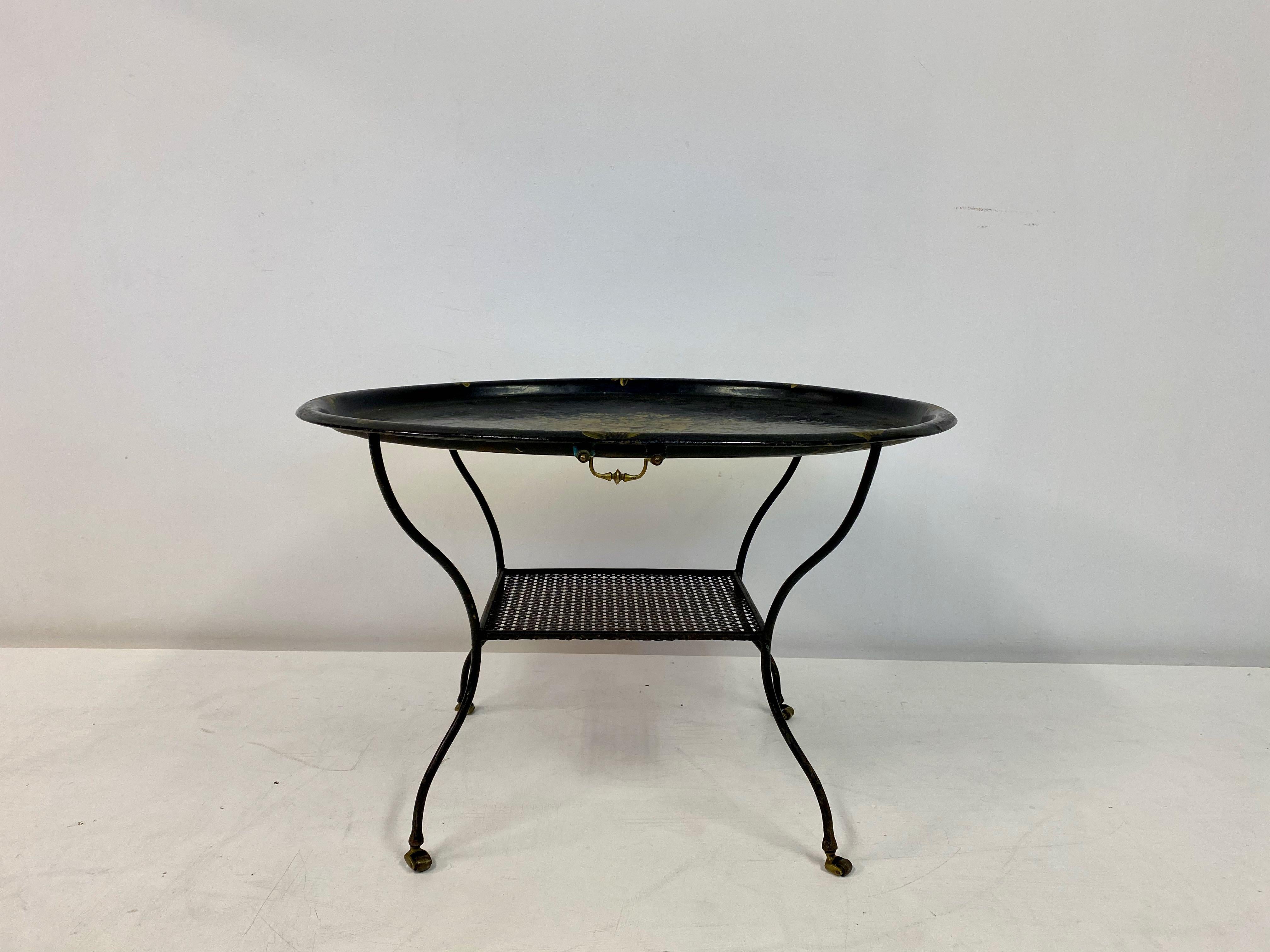 French Black Lacquered Tray Table On Castors with Perforated Metal