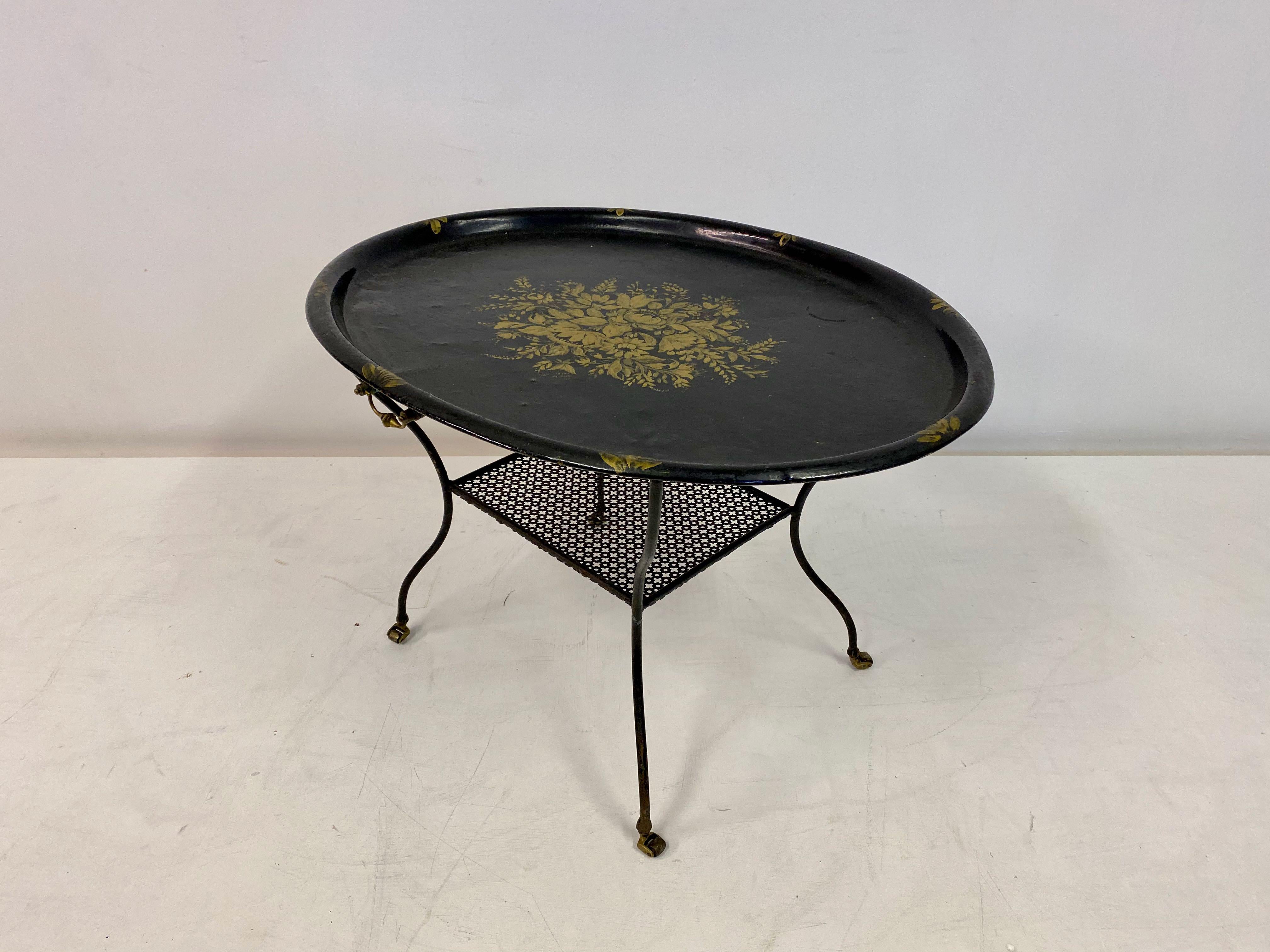 Black Lacquered Tray Table On Castors with Perforated Metal 3