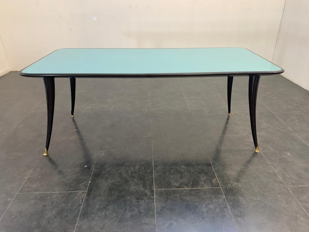 Mid-Century Modern Black Lacquered & Turquoise Glass Top Table, 1950s
