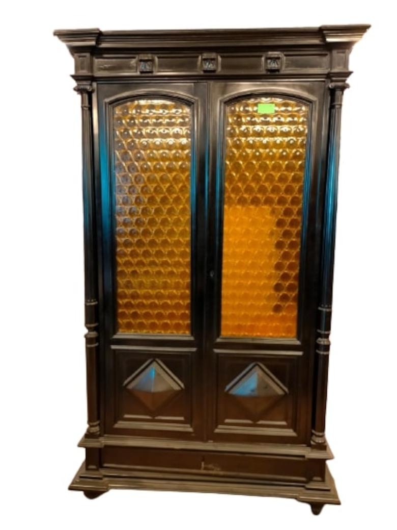 Hand-Carved Black Lacquered Umbertino Style Bookcase Showcase with Amber Glass For Sale