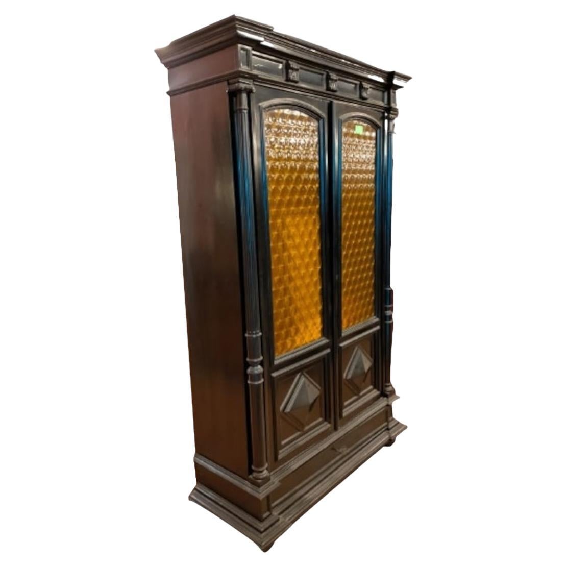 Black Lacquered Umbertino Style Bookcase Showcase with Amber Glass For Sale