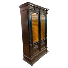 Antique Black Lacquered Umbertino Style Bookcase Showcase with Amber Glass