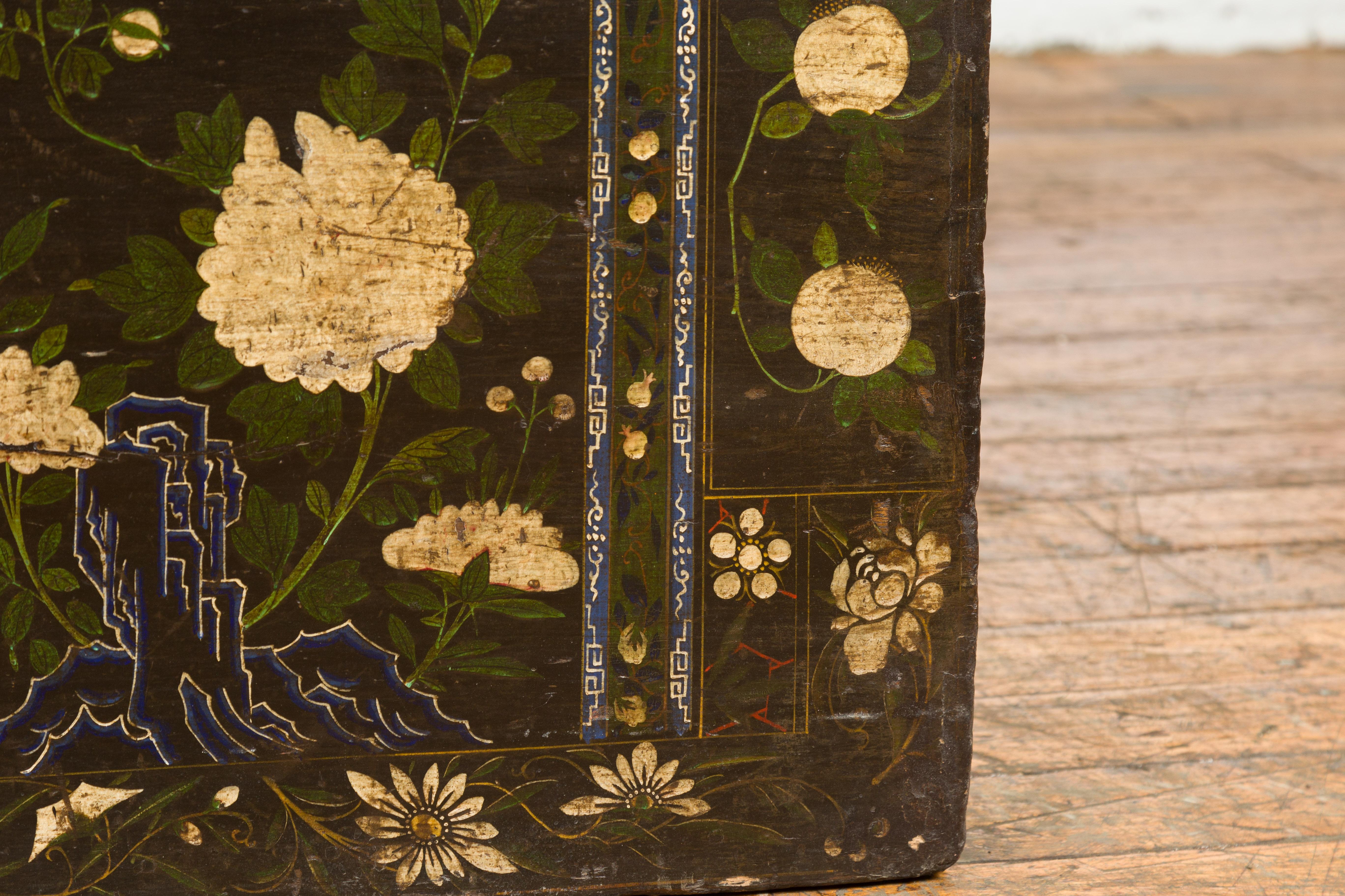 Black Vintage Trunk with White Flowers & Figures For Sale 6