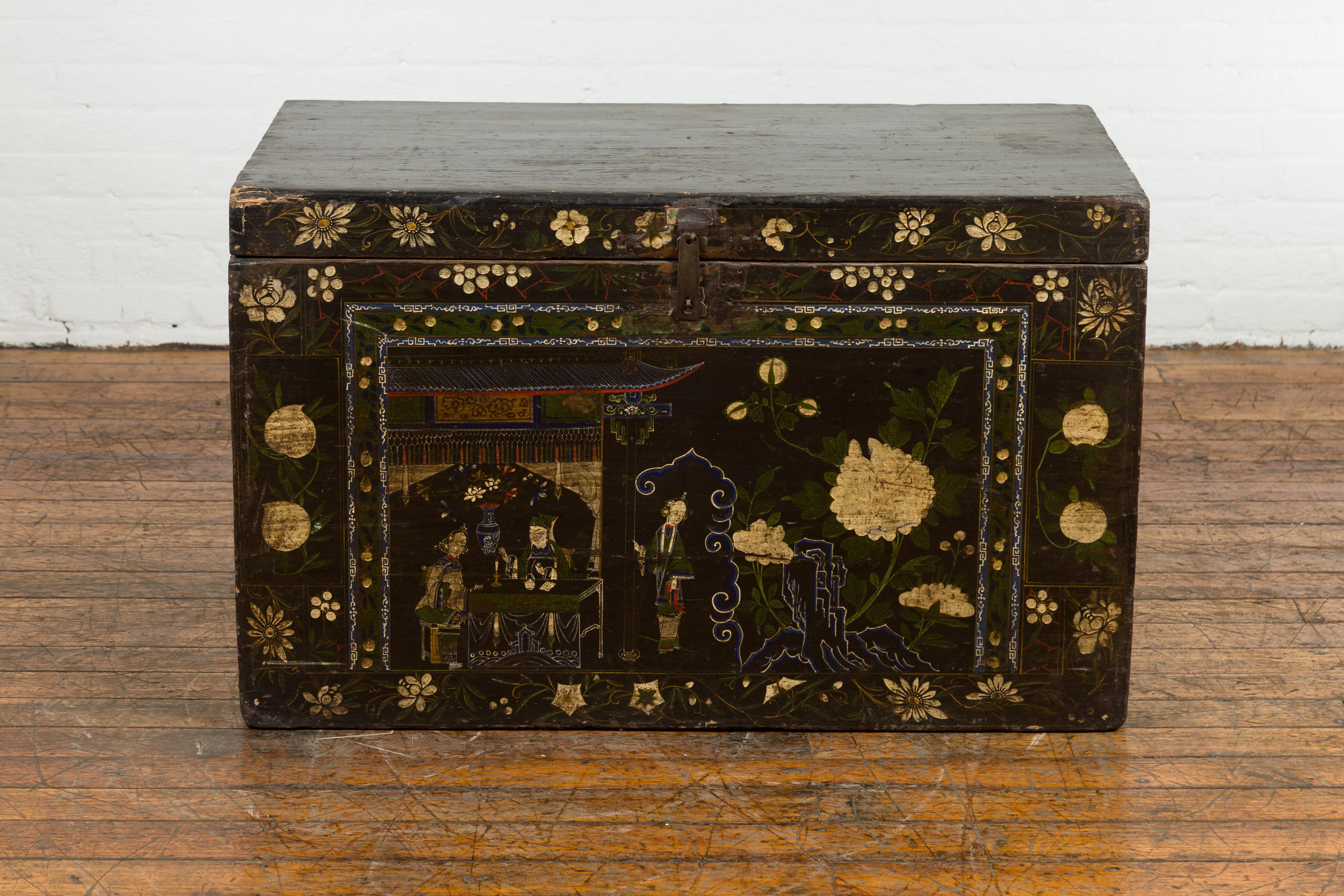 Chinese Black Vintage Trunk with White Flowers & Figures For Sale
