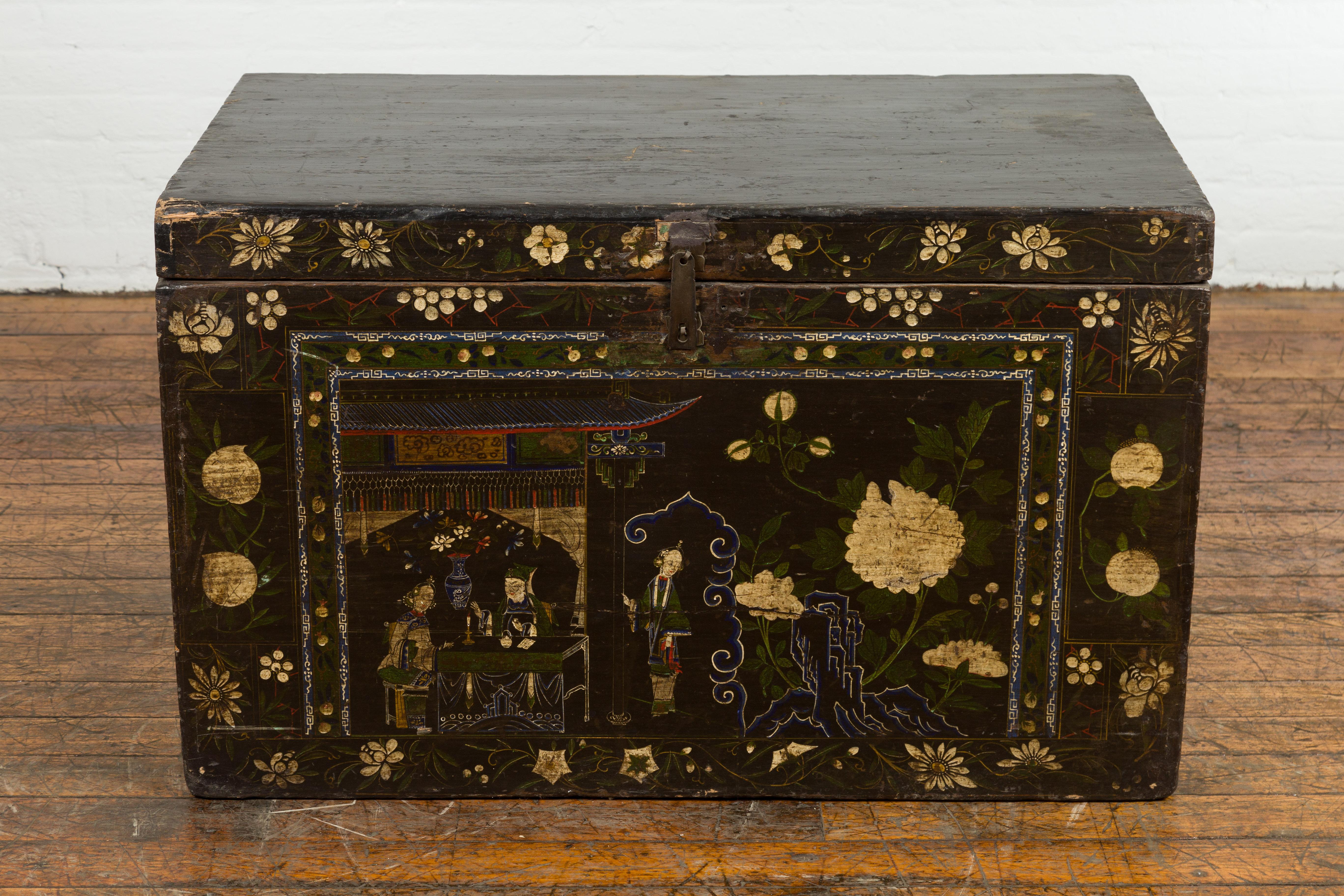Black Vintage Trunk with White Flowers & Figures In Good Condition For Sale In Yonkers, NY