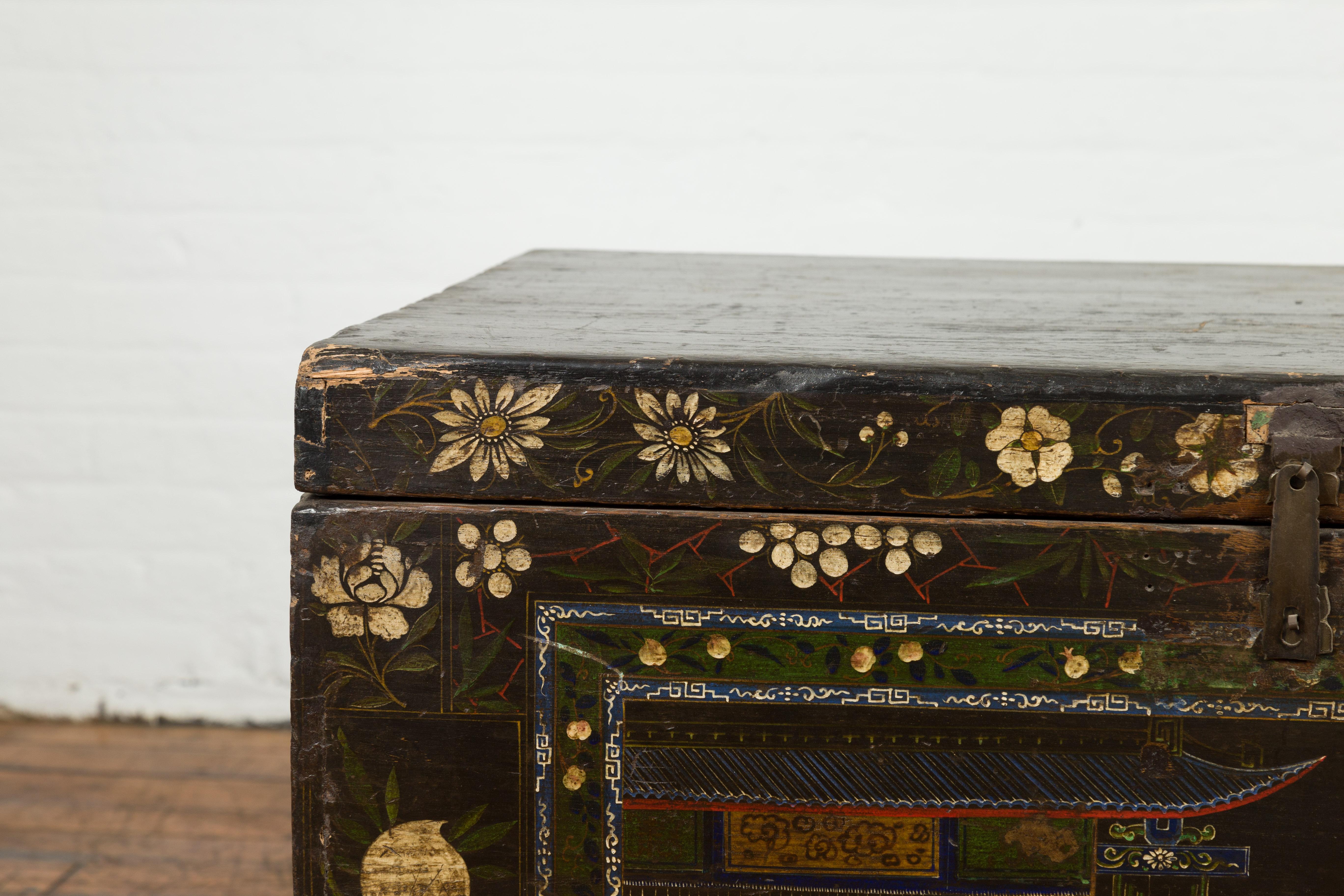 20th Century Black Vintage Trunk with White Flowers & Figures For Sale