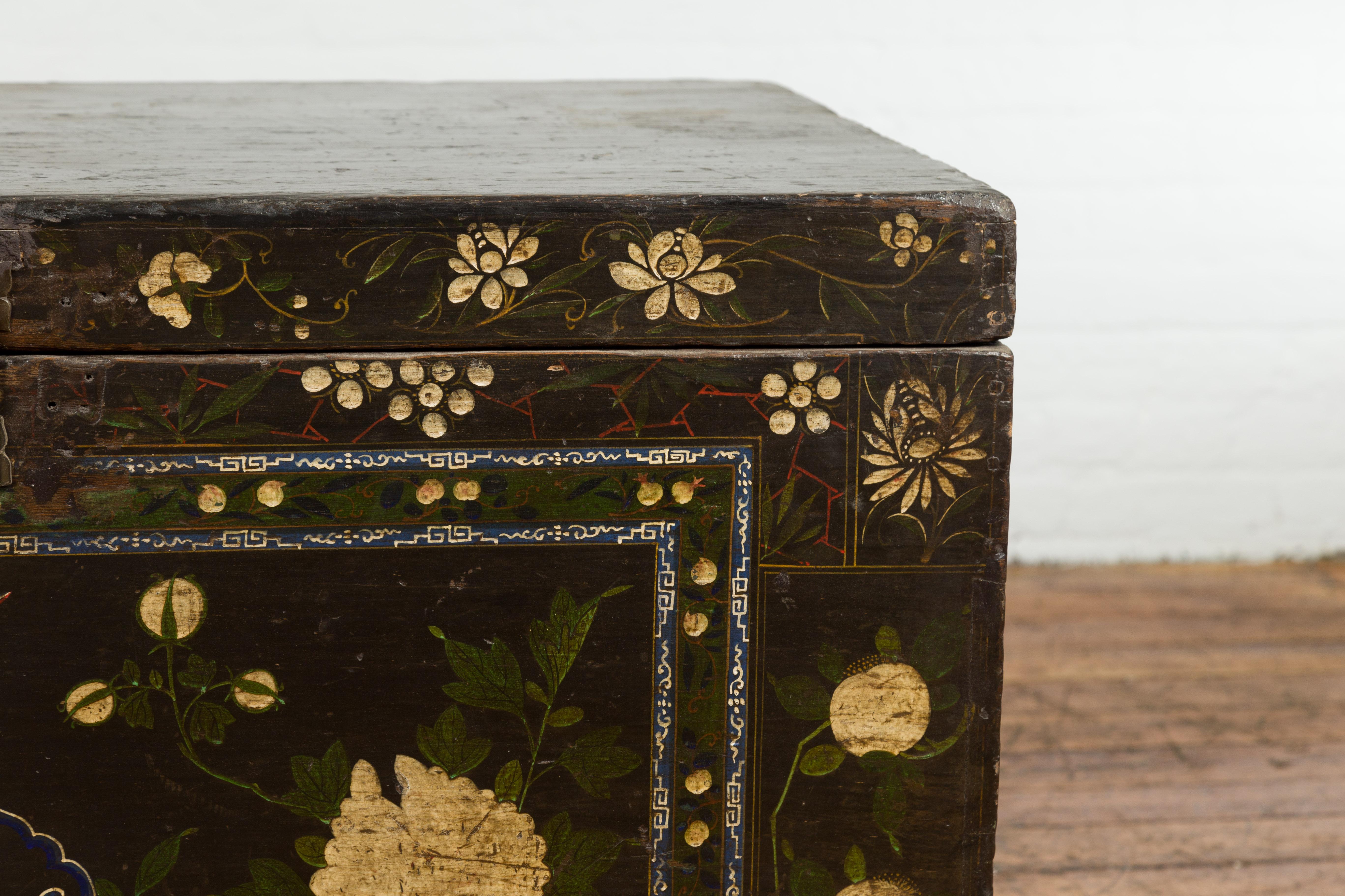 Wood Black Vintage Trunk with White Flowers & Figures For Sale