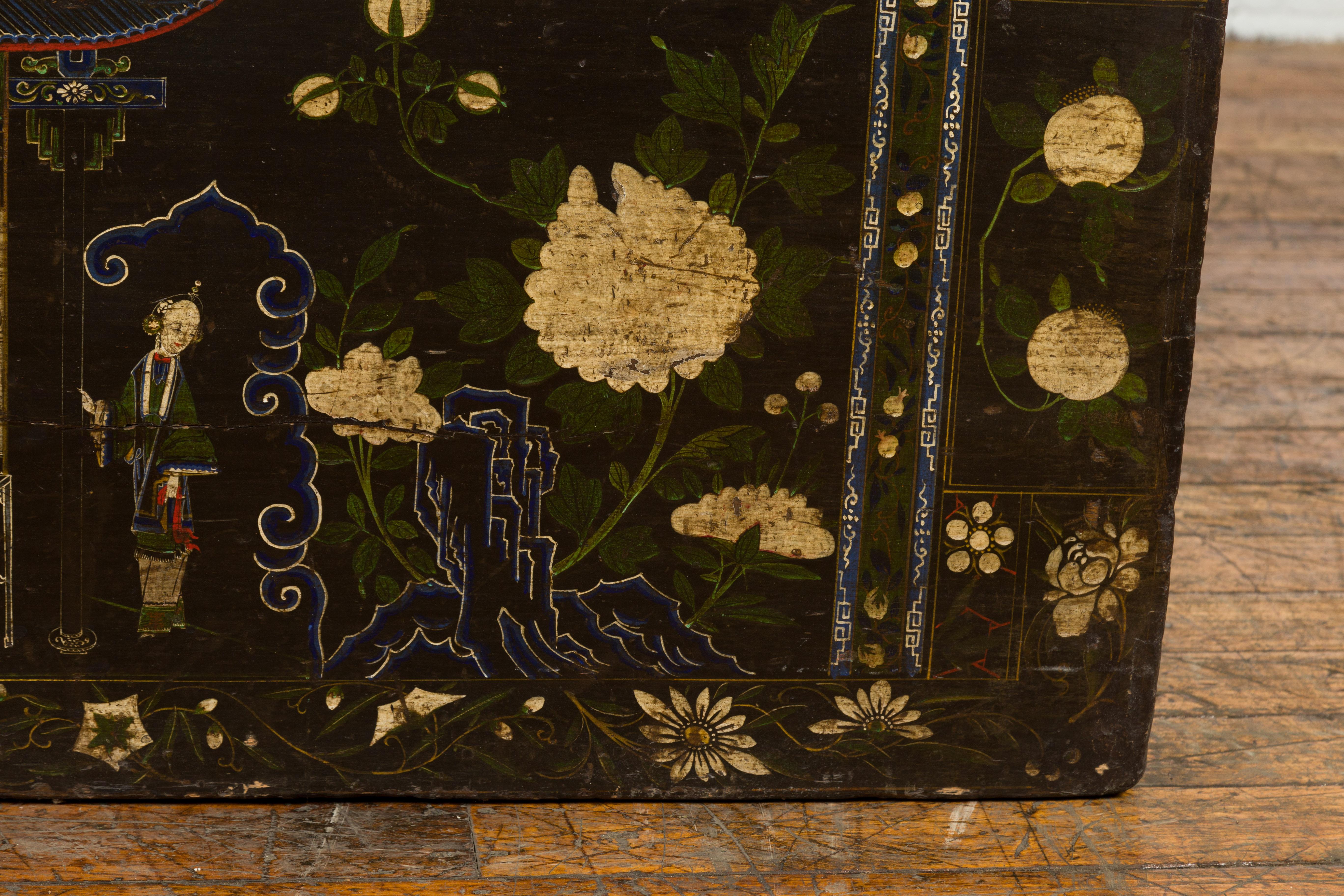 Black Vintage Trunk with White Flowers & Figures For Sale 2