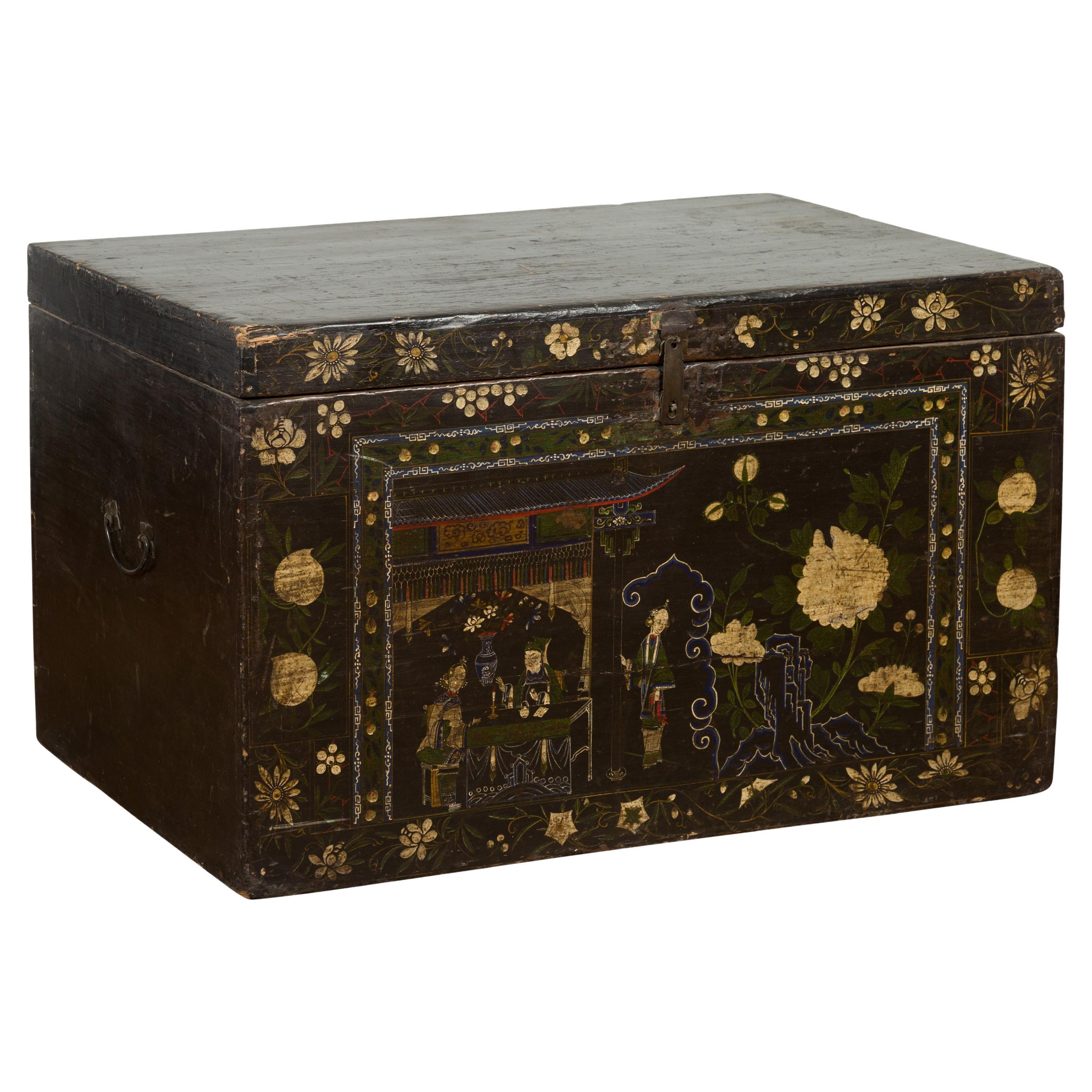 Black Vintage Trunk with White Flowers & Figures For Sale