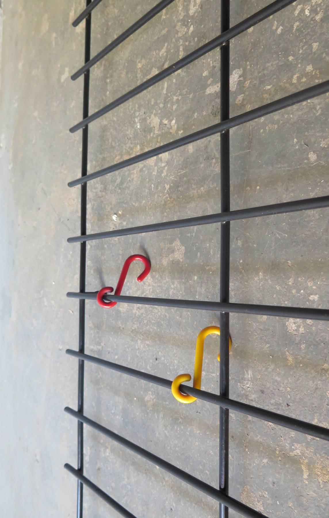Post-Modern Black Lacquered Wire Wall Hanger with Colorful Hooks in in Two Parts For Sale