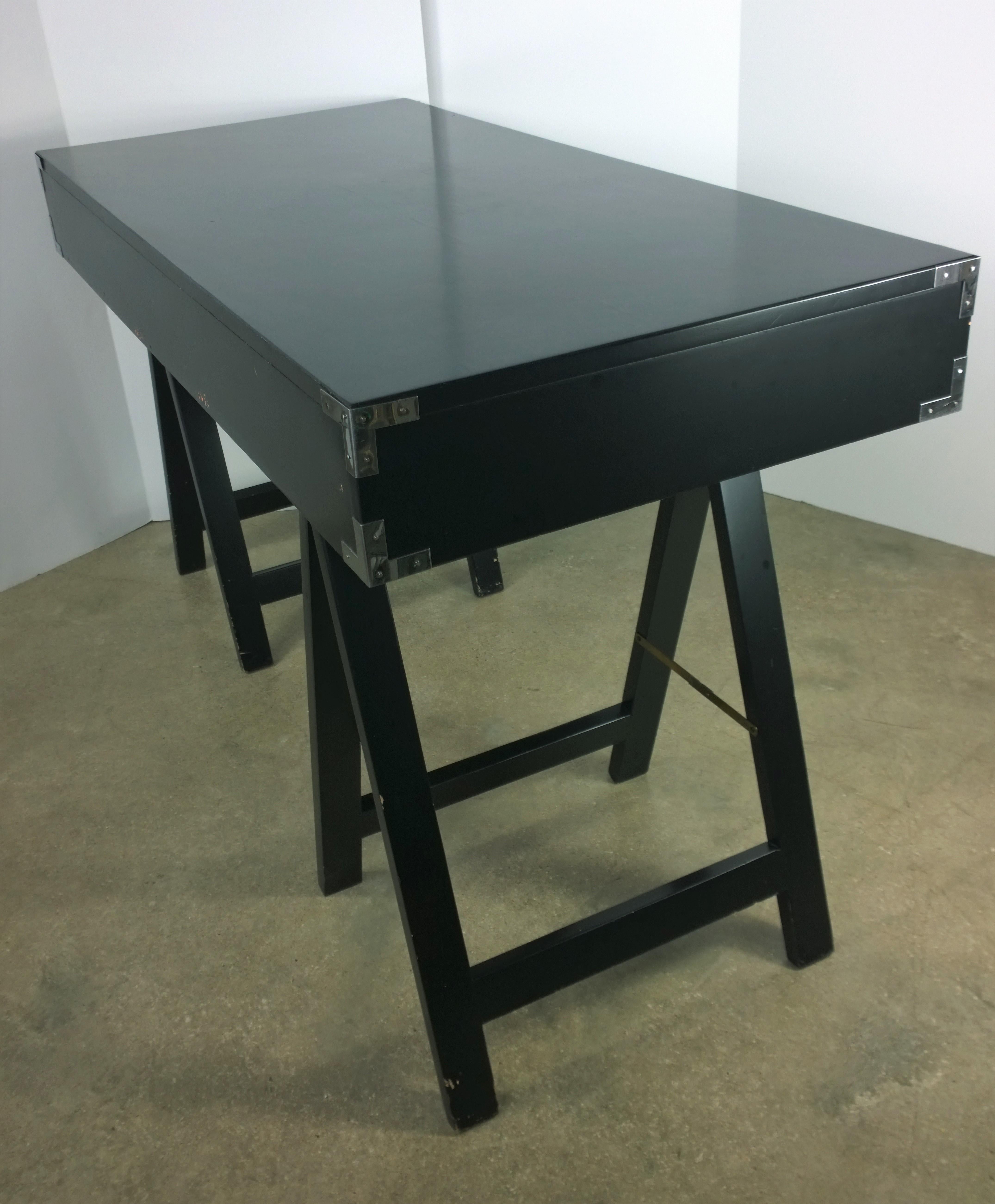 American Black Lacquered with Chrome & Brass Accent 3-Drawer Campaign Desk/ Writing Table For Sale