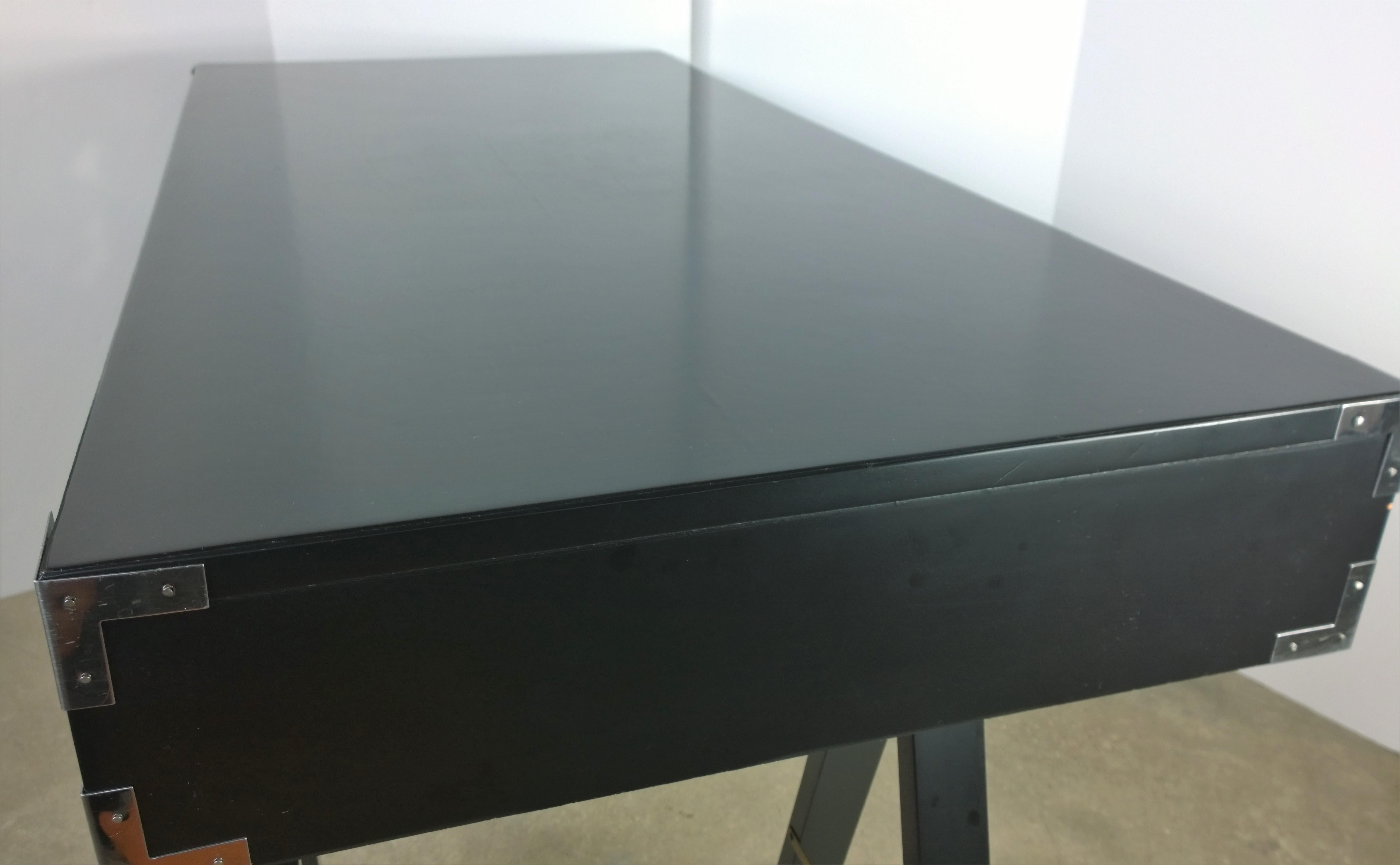 Black Lacquered with Chrome & Brass Accent 3-Drawer Campaign Desk/ Writing Table In Good Condition For Sale In Houston, TX