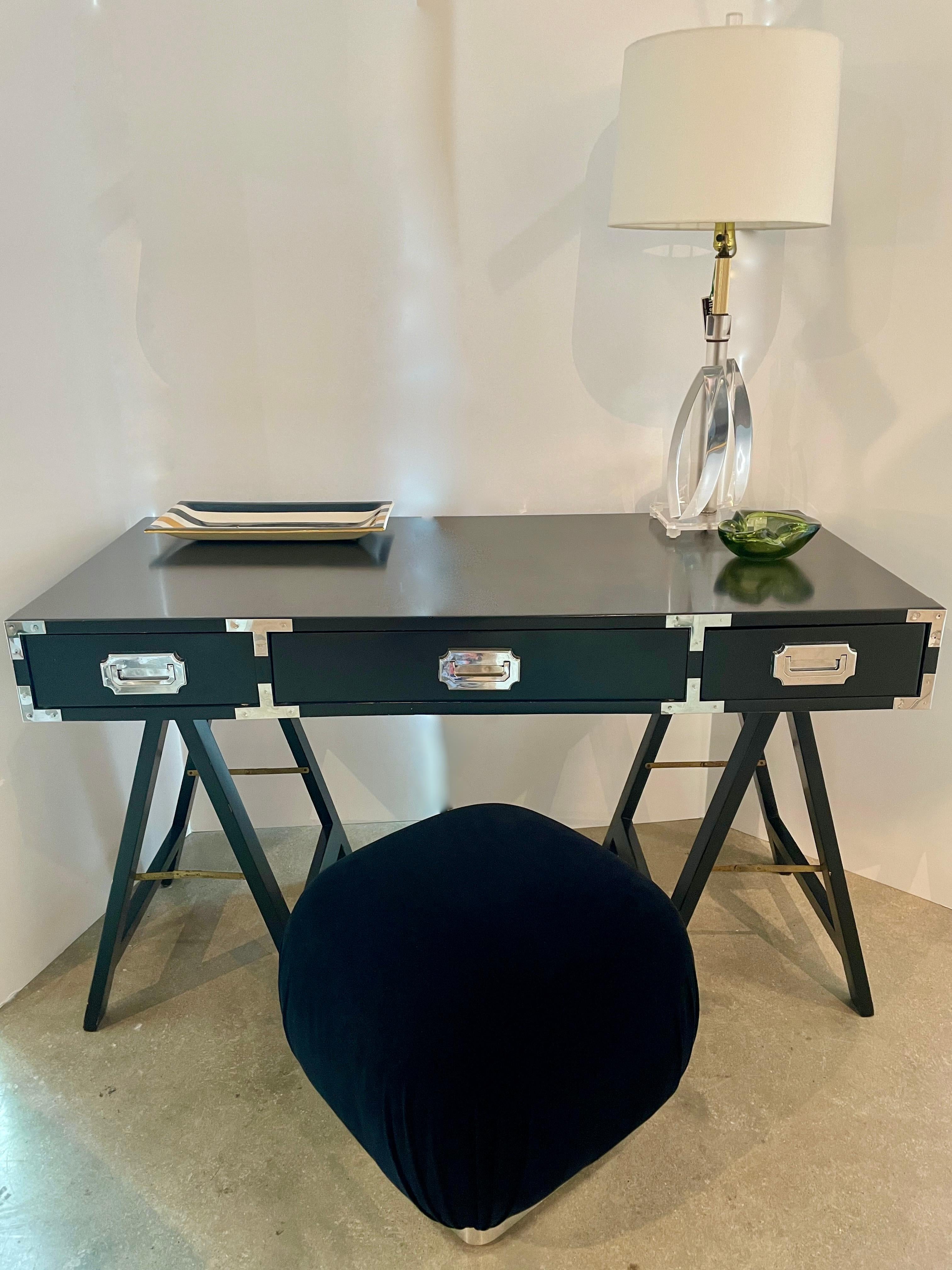 Black Lacquered with Chrome & Brass Accent 3-Drawer Campaign Desk/ Writing Table For Sale 11