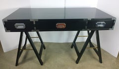 Black Lacquered with Chrome & Brass Accent 3-Drawer Campaign Desk/ Writing Table