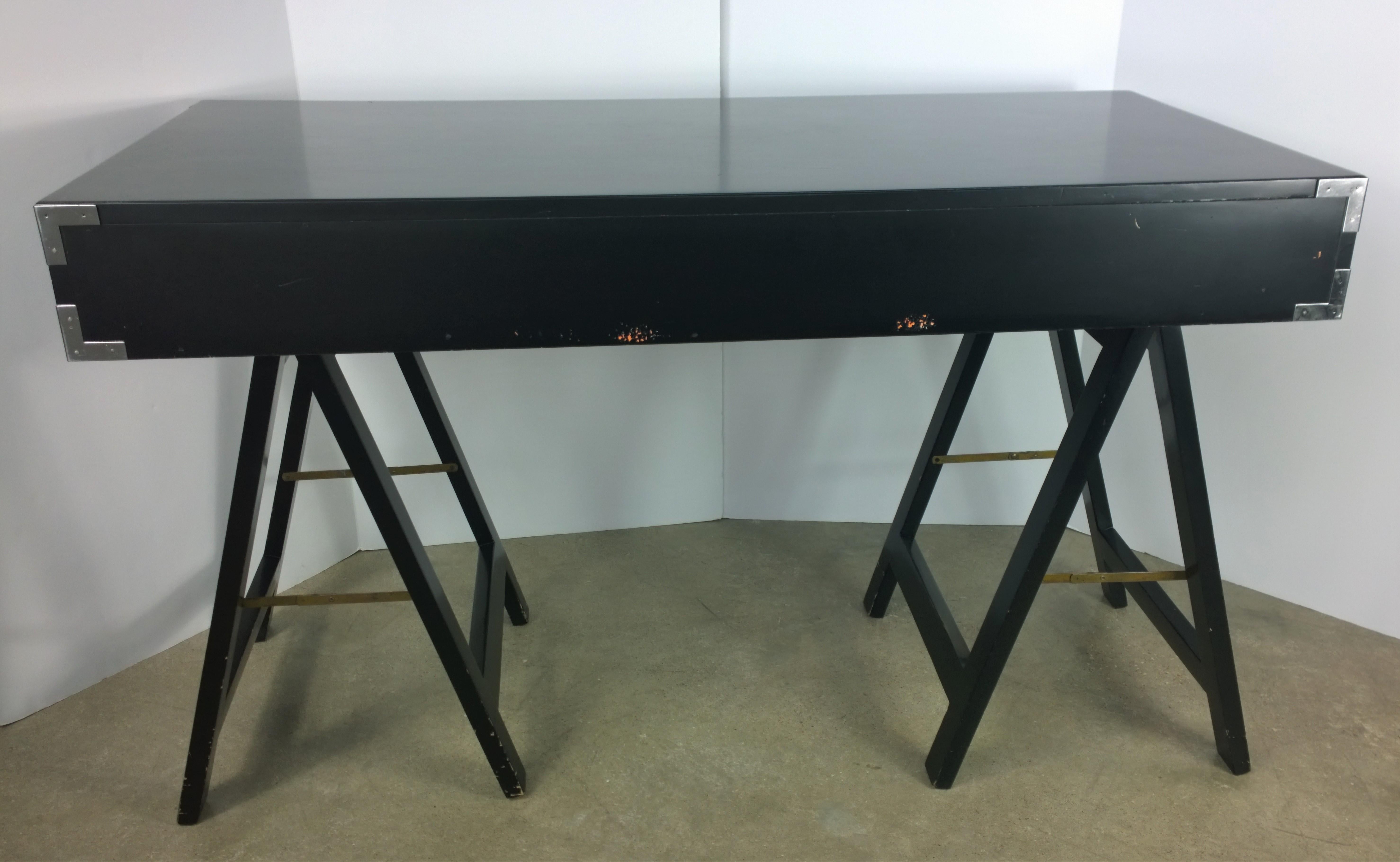 Mid-Century Modern Black Lacquered with Chrome & Brass Accent 3-Drawer Campaign Desk/ Writing Table For Sale