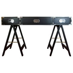 Black Lacquered with Chrome & Brass Accent 3 Drawer Campaign Desk/ Writing Table