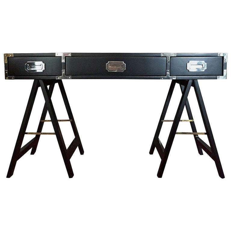 Black Lacquered With Chrome And Brass Accent 3 Drawer Campaign