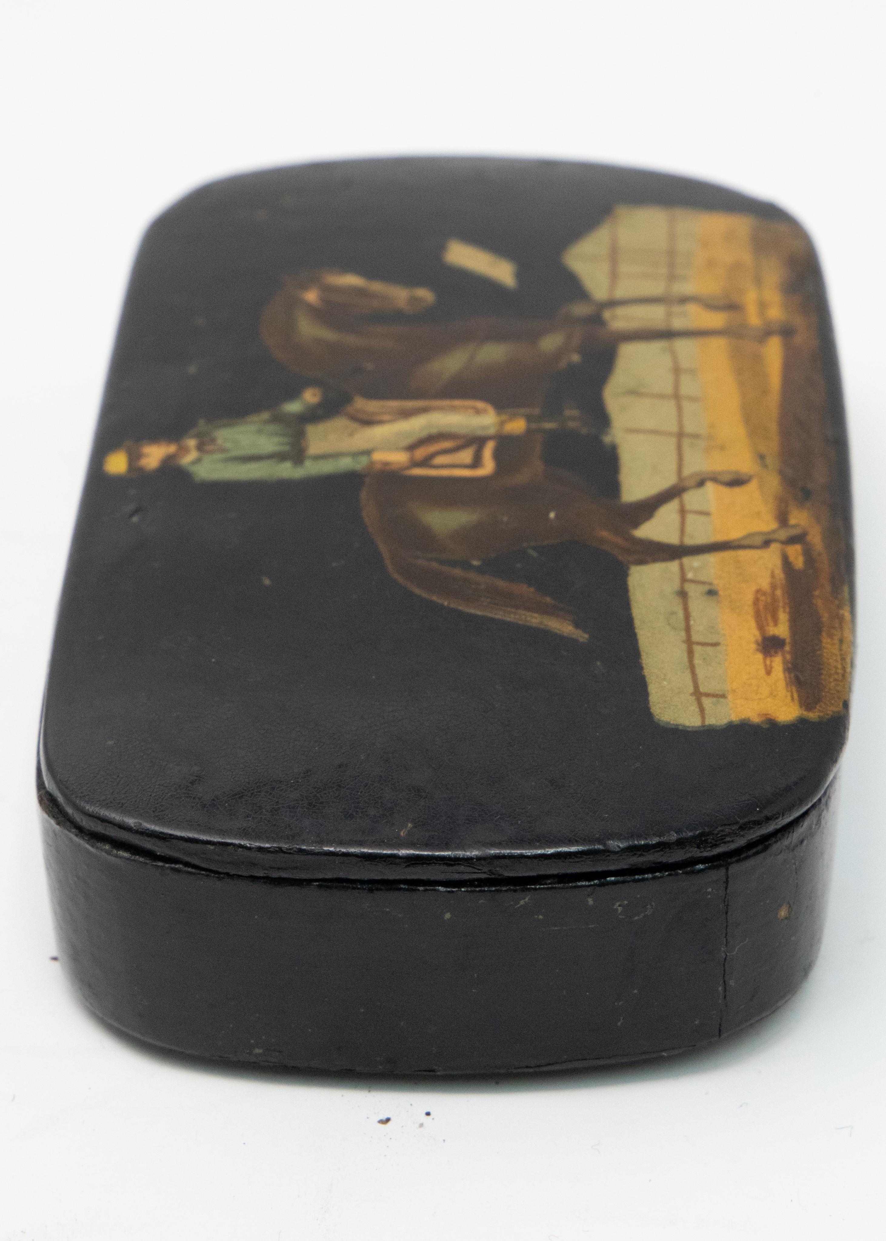 Other Black Lacquered with Polychrome Scene Hand Painted Vintage For Sale