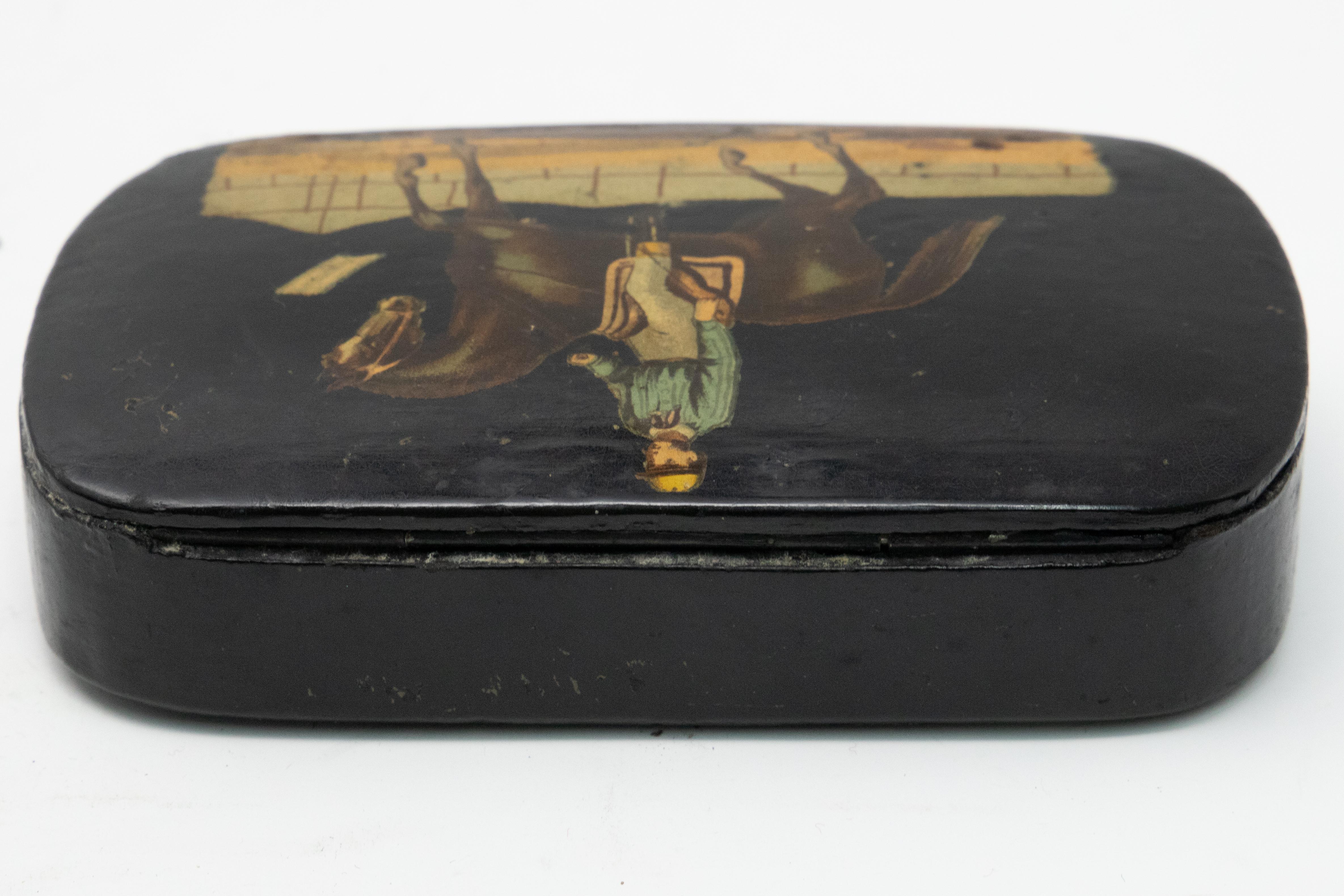 British Black Lacquered with Polychrome Scene Hand Painted Vintage For Sale