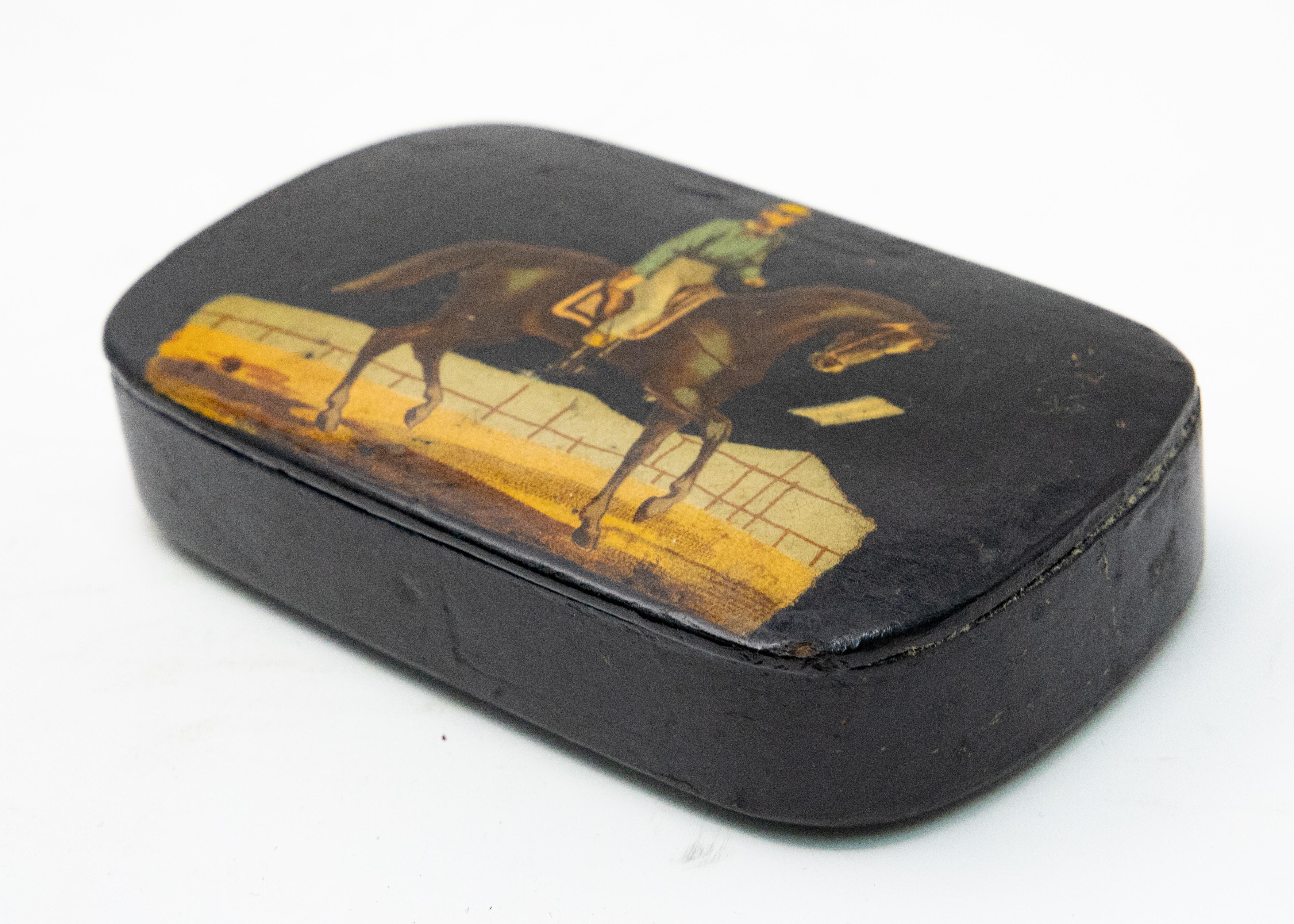 Wood Black Lacquered with Polychrome Scene Hand Painted Vintage For Sale