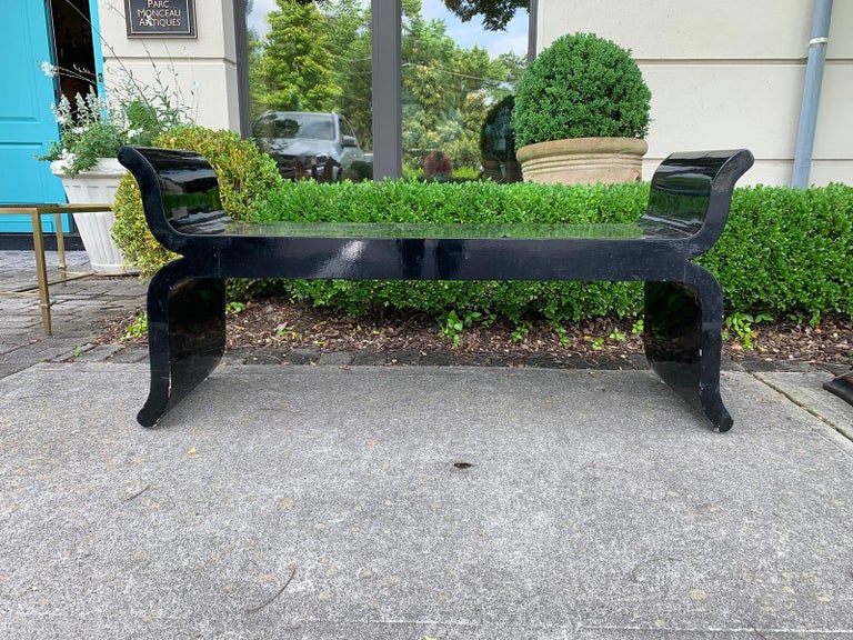 Black Lacquered Wood Bench with Inlay in the Style of James Mont, circa