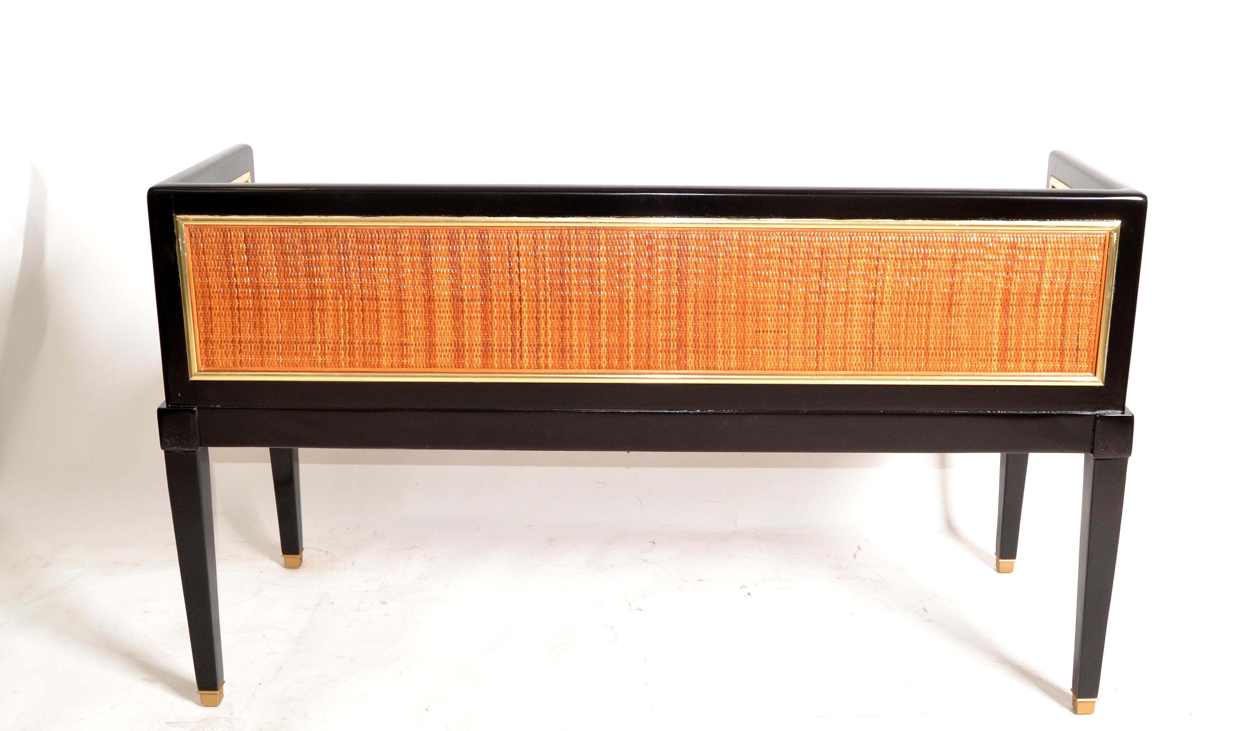 Black Lacquered Wood, Brass & Cane Seating Bench Mid-Century Modern Asian Style For Sale 5