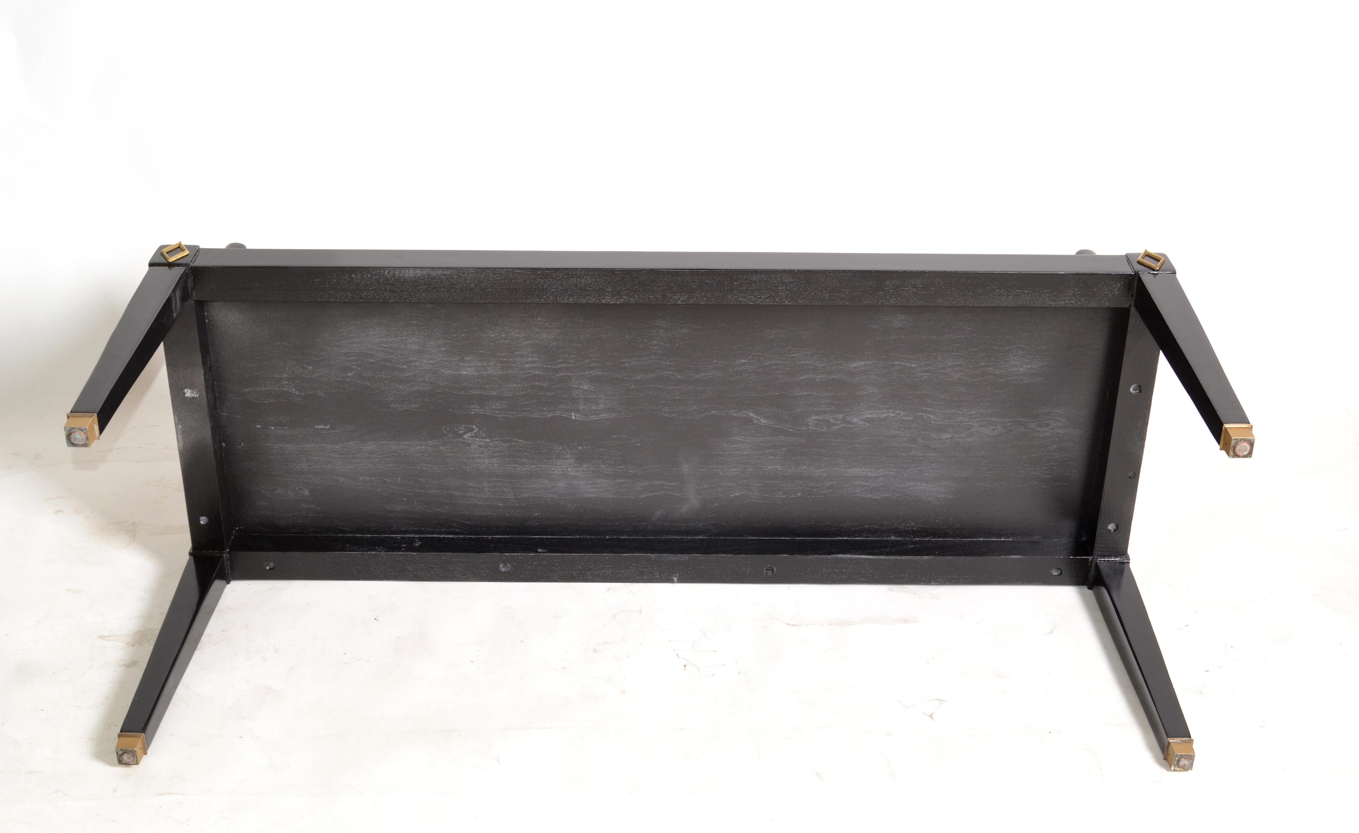 Black Lacquered Wood, Brass & Cane Seating Bench Mid-Century Modern Asian Style For Sale 7