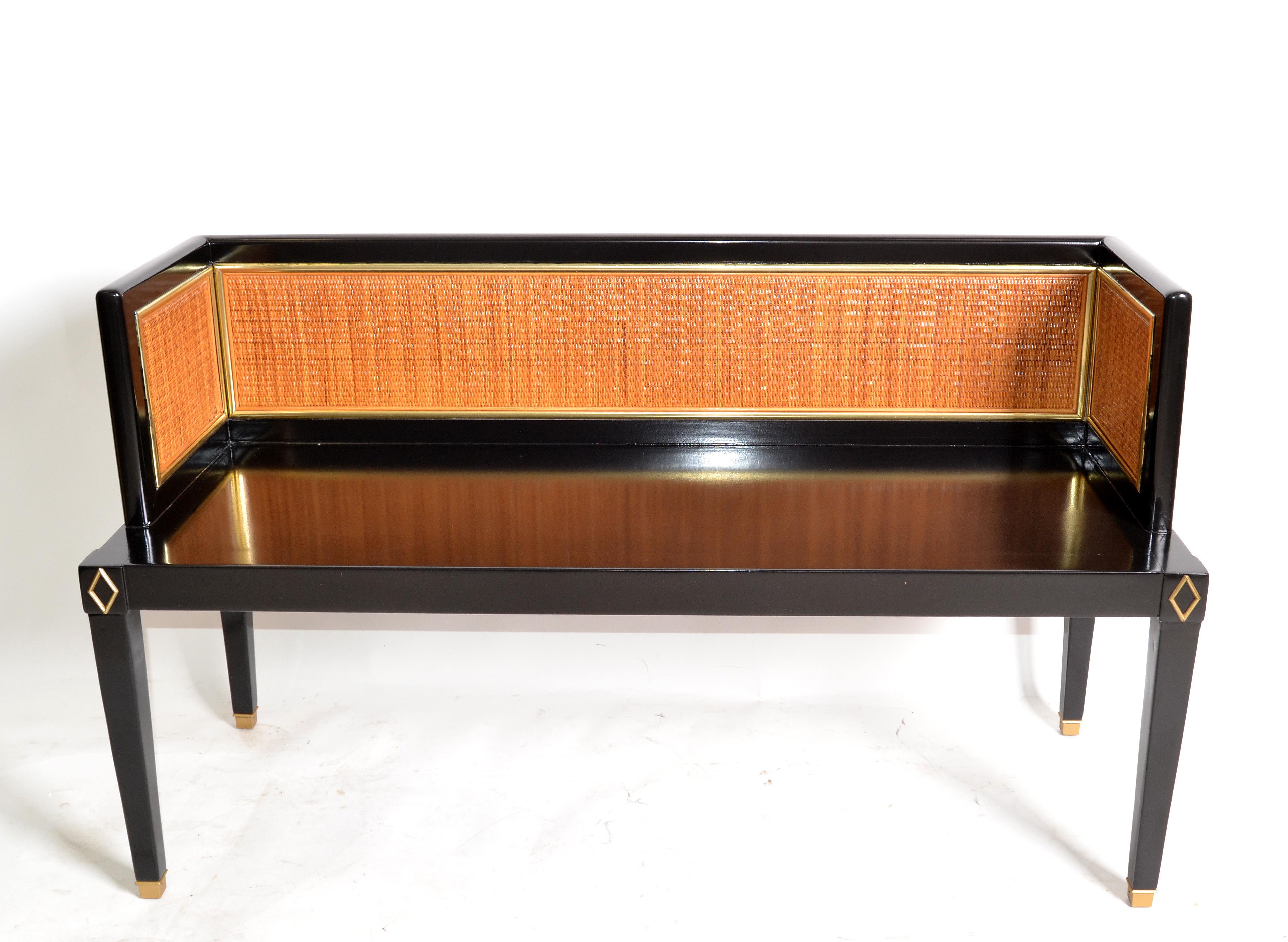Black Lacquered Wood, Brass & Cane Seating Bench Mid-Century Modern Asian Style For Sale 8