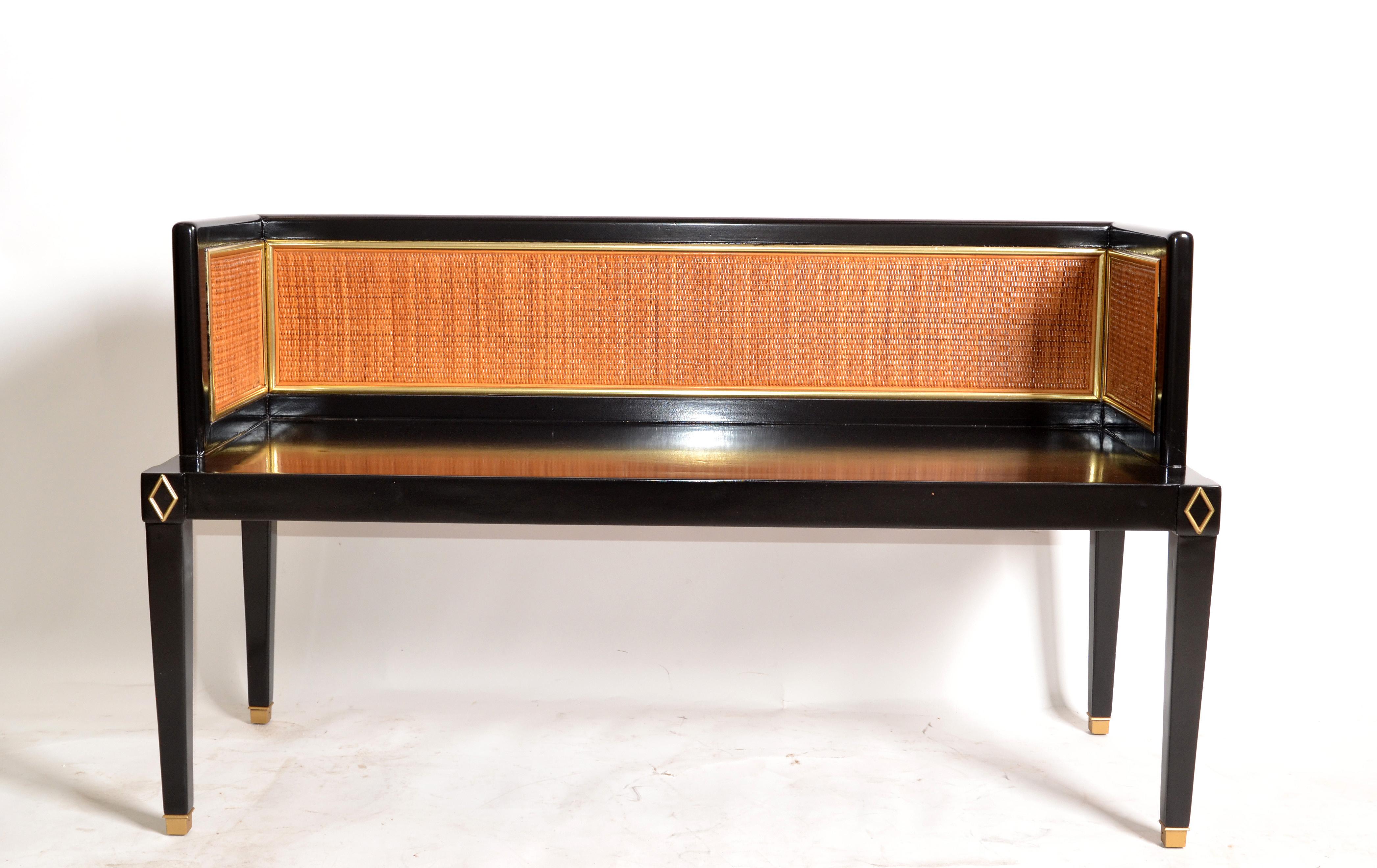 Black Lacquered Wood, Brass & Cane Seating Bench Mid-Century Modern Asian Style In Good Condition For Sale In Miami, FL