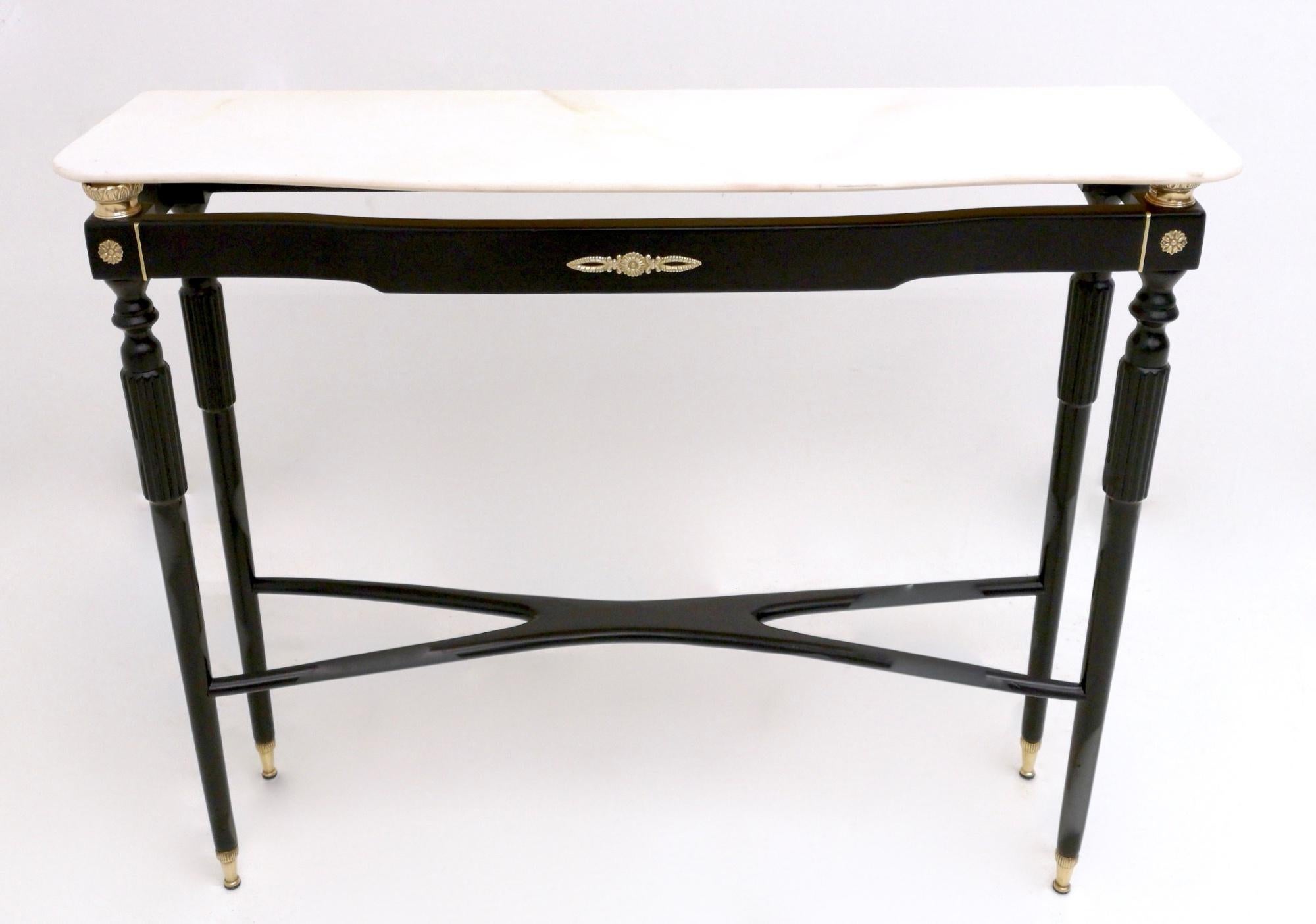 Italian Black Lacquered Wood Console Table with Portuguese Pink Marble Top Italy, 1950s 