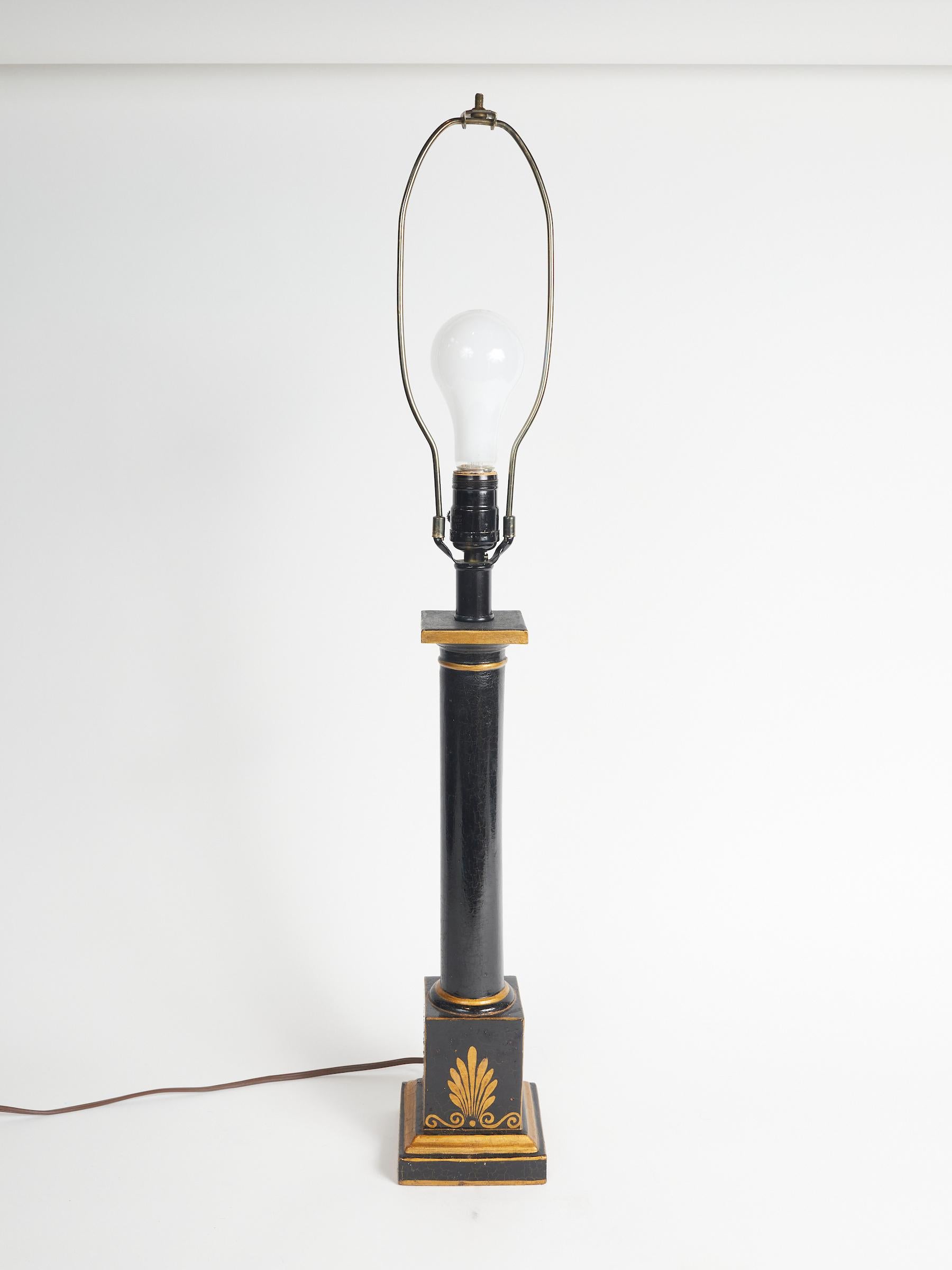 French Black Lacquered Wood Empire Style Table Lamp For Sale