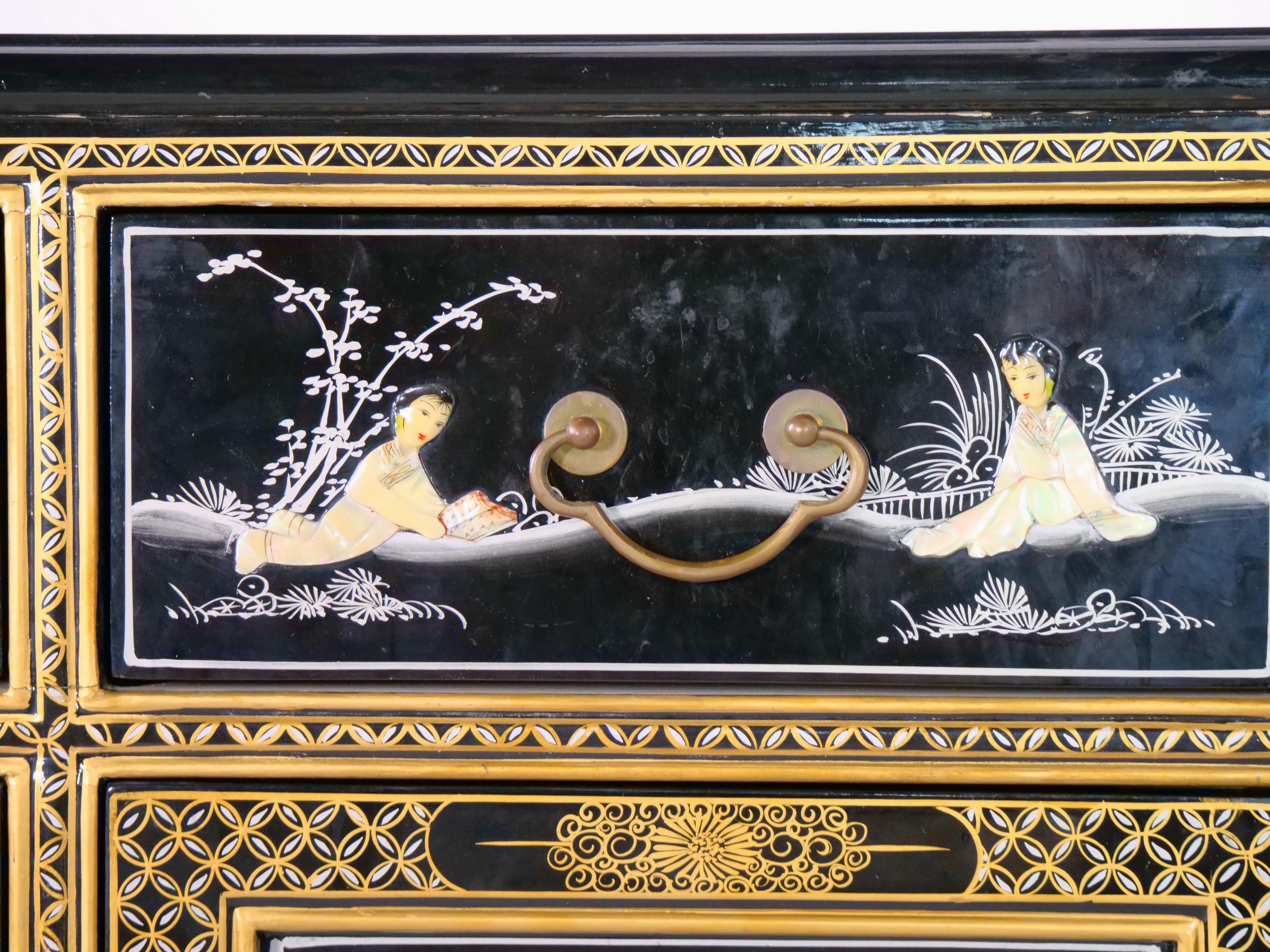 Appliqué Black Lacquered Wood Hand Painted / Mother of Pearl Credenza For Sale
