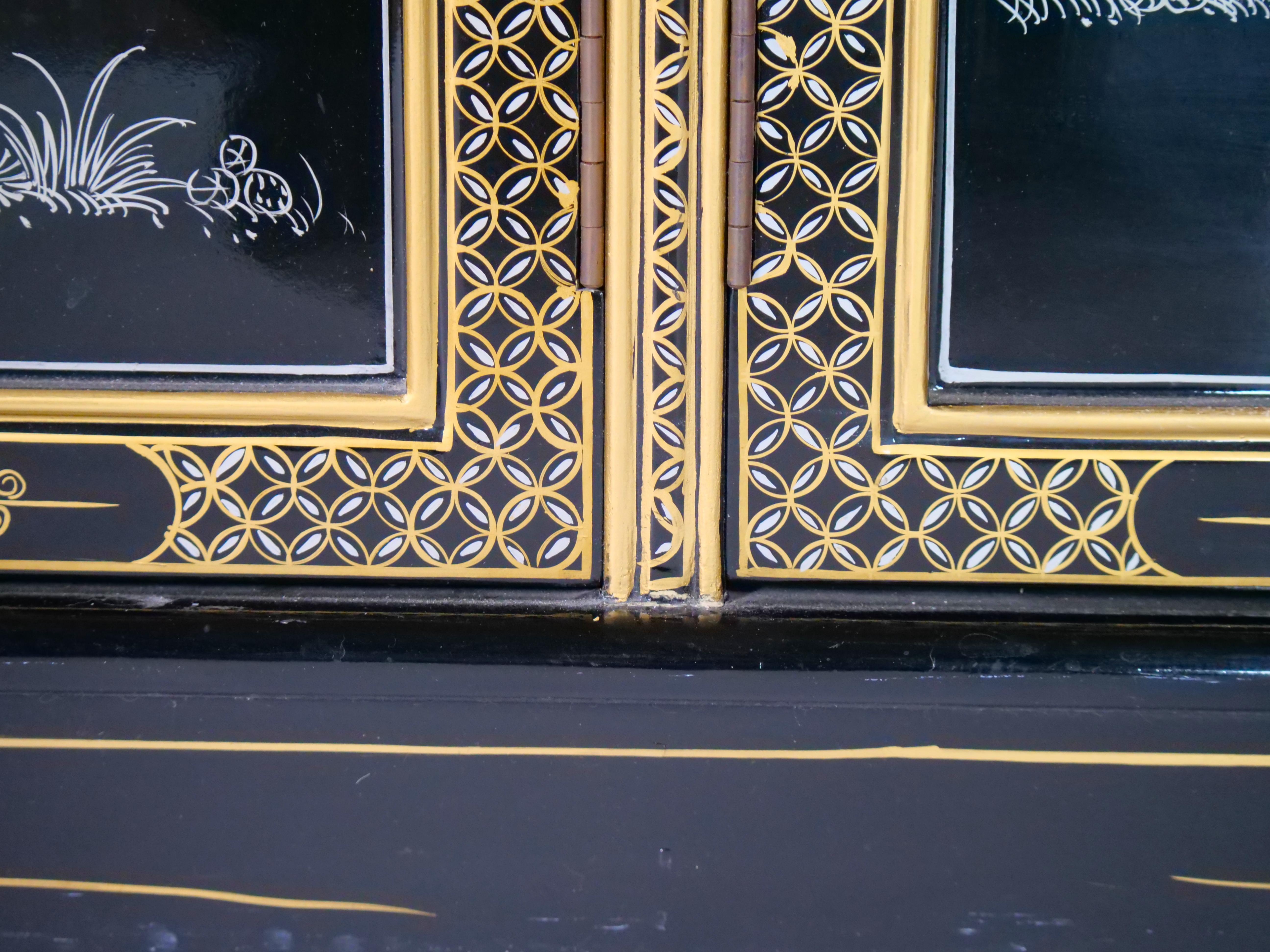 Late 19th Century Black Lacquered Wood Hand Painted / Mother of Pearl Credenza For Sale