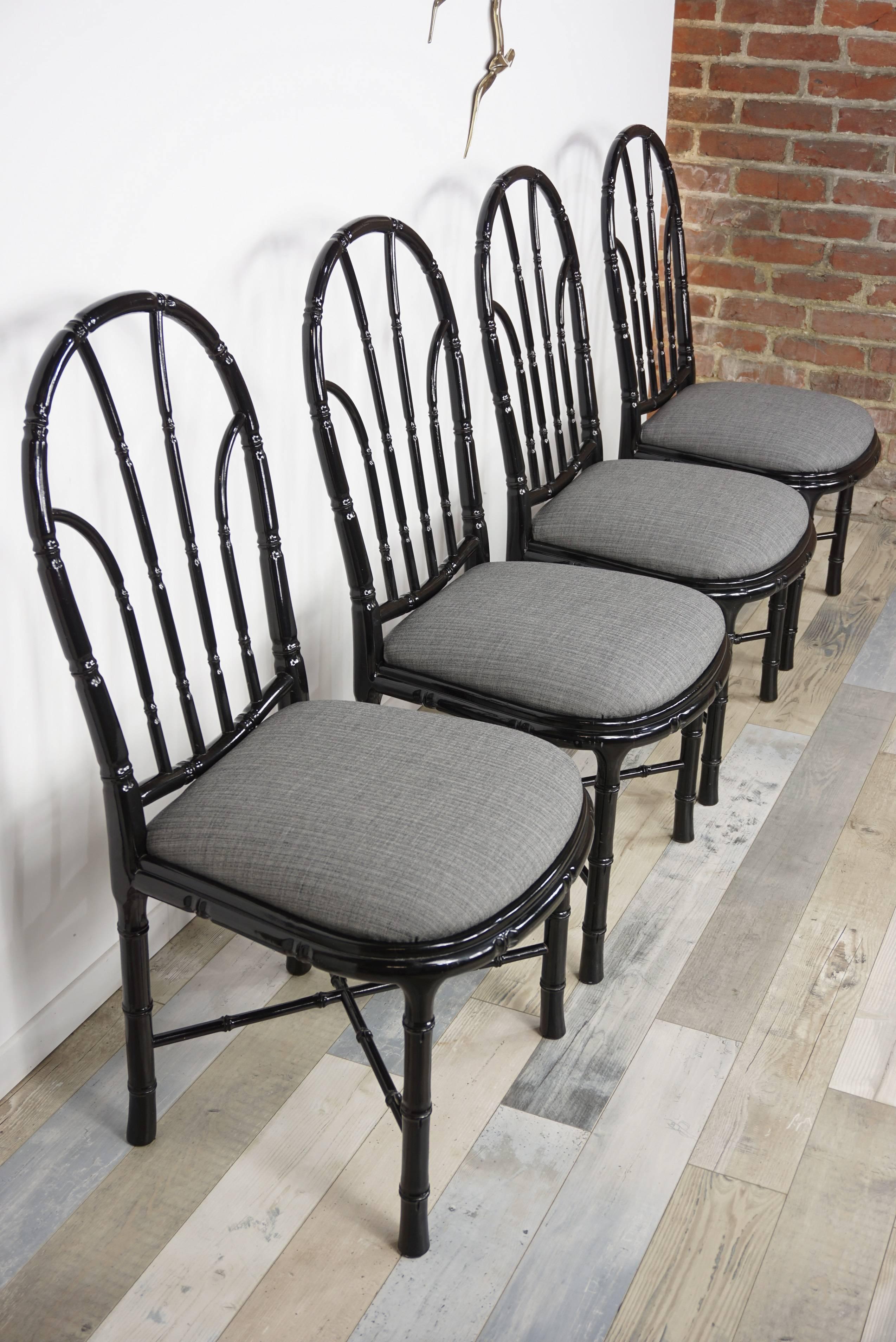 French Black Lacquered Wood Set of Four Chairs Optical Illusion