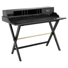 Black Lacquered Wooden and Black Leather Desk with Brass Finishes