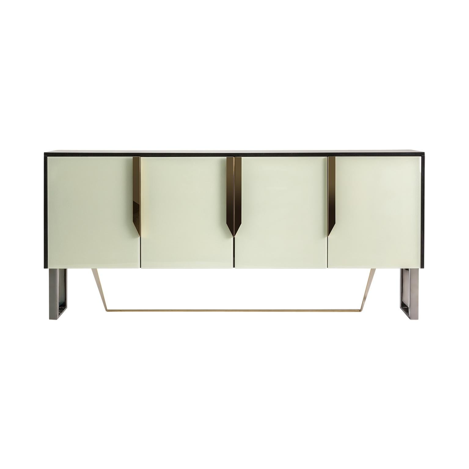Sparkling and sophisticated sideboard with aerial chrome and gilt metal feet four colored glass and graphic panel doors adorned with gold mirrored handles. Harmonious lines, brilliant and design.