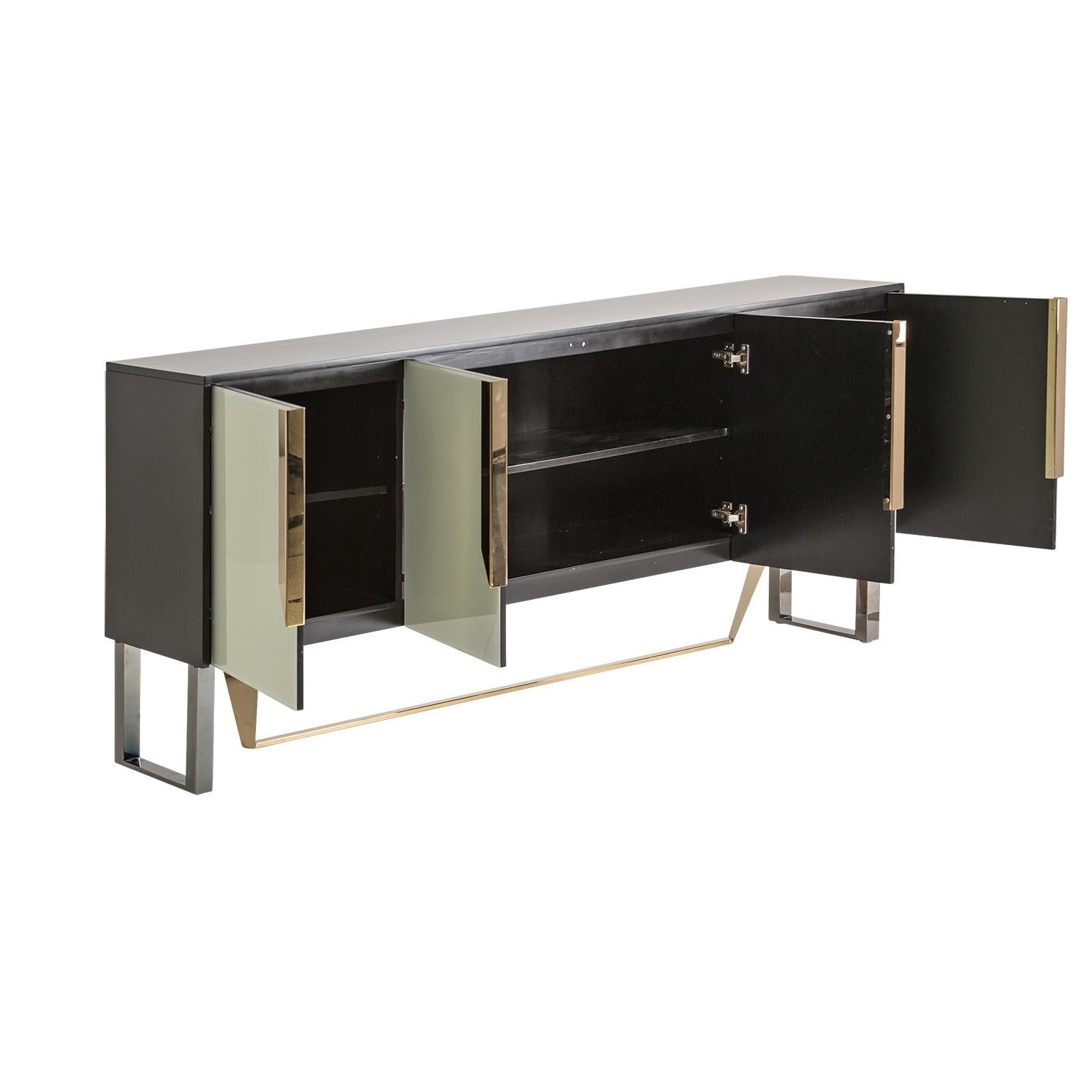 Hollywood Regency Black Lacquered Wooden and Colored Beveled Glass Design Sideboard For Sale