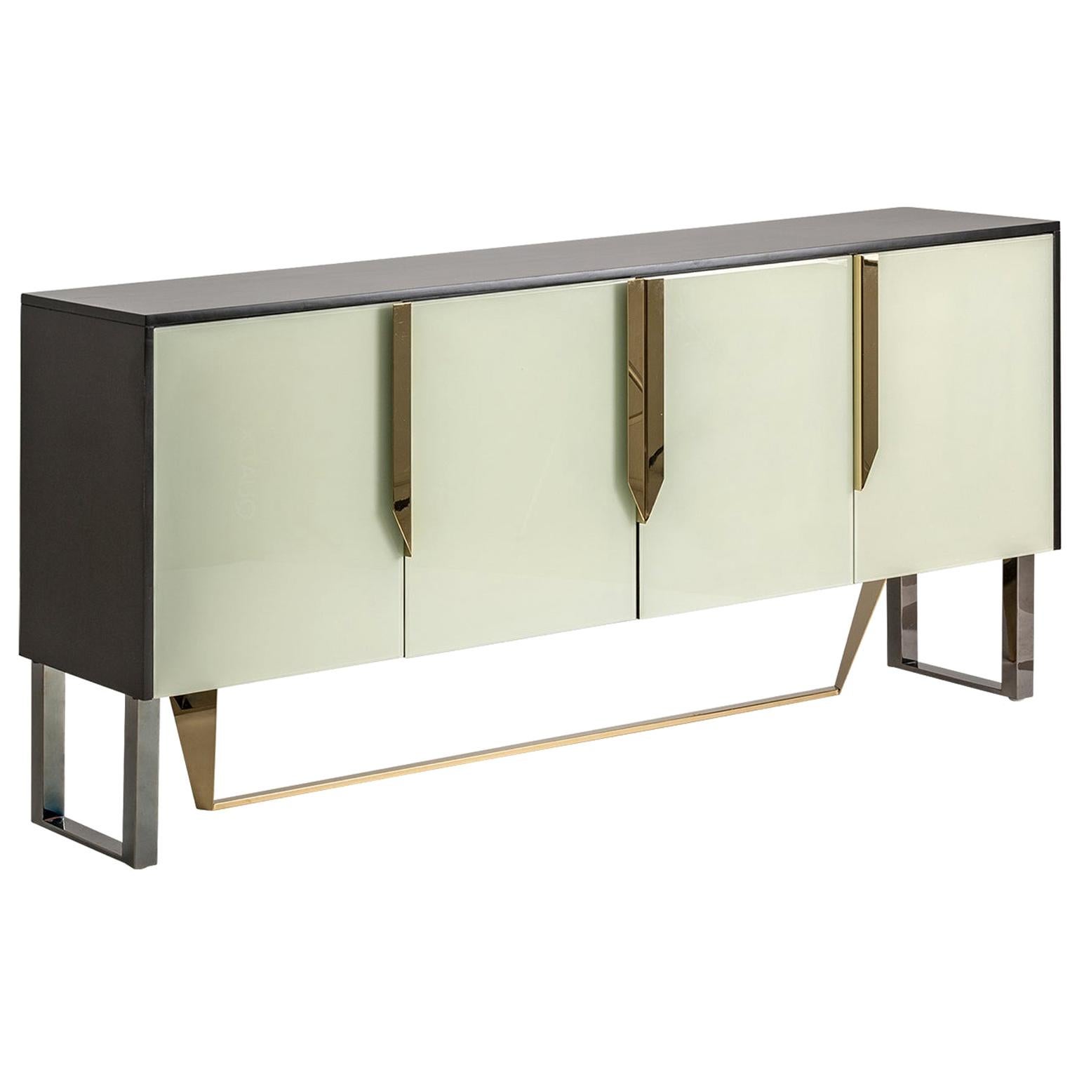 Black Lacquered Wooden and Colored Beveled Glass Design Sideboard For Sale