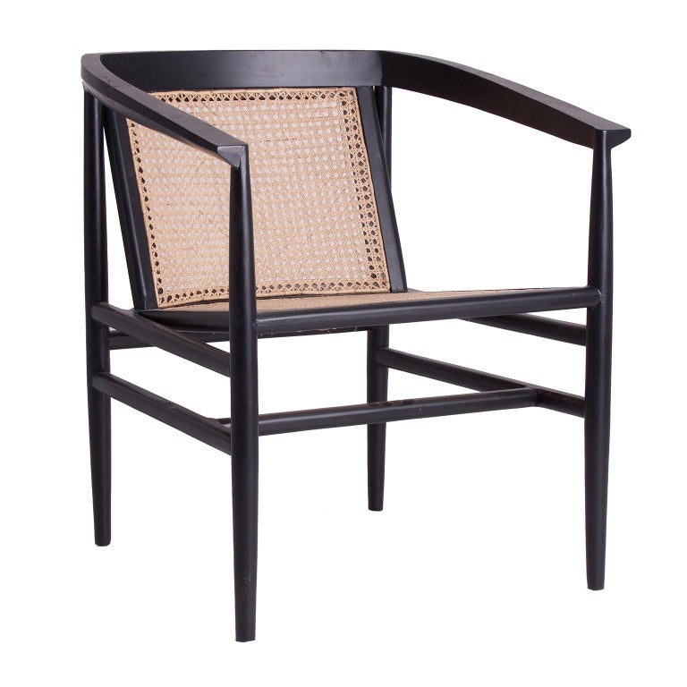 Black Lacquered Wooden and Natural Rattan Wicker Armchair For Sale at