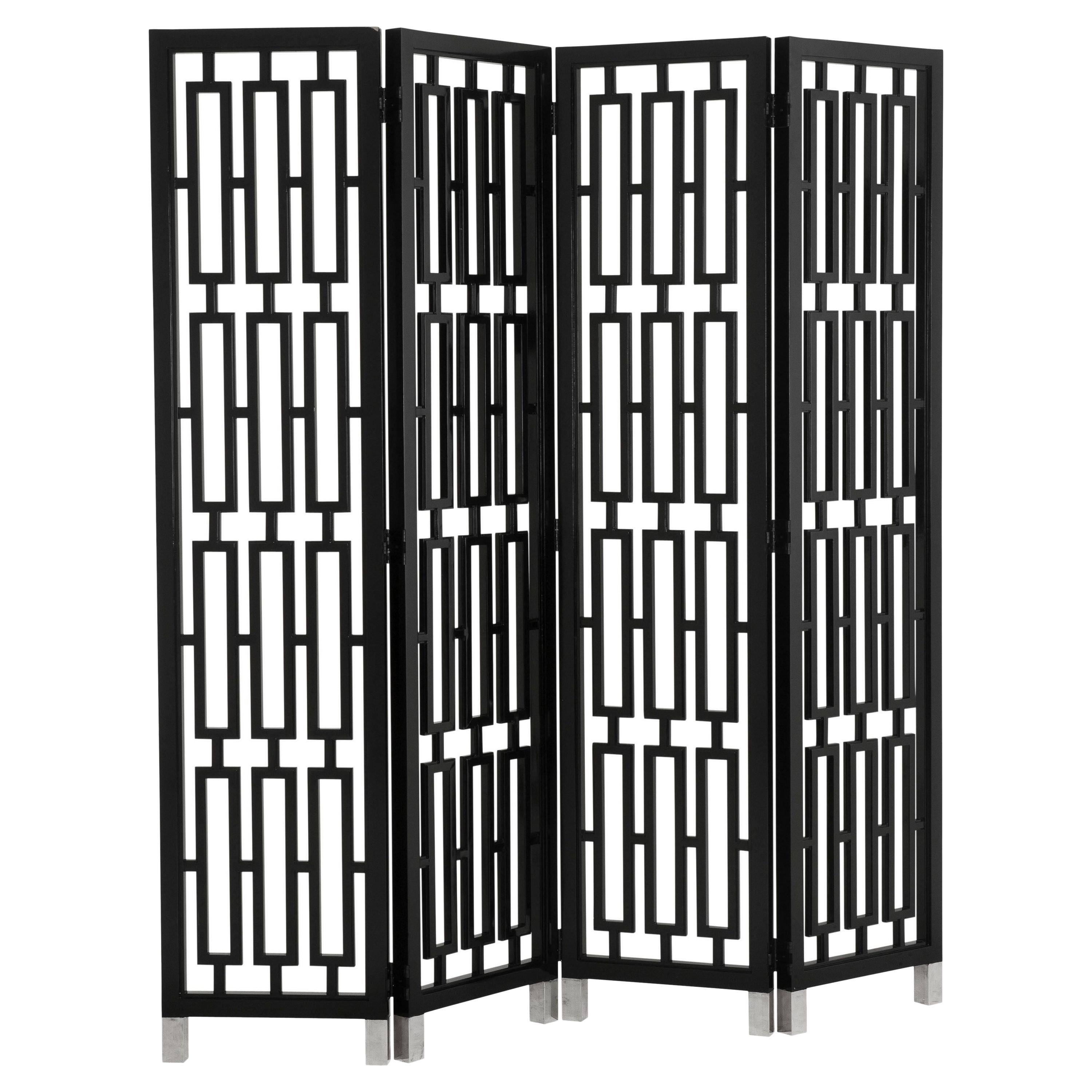 Black Lacquered Wooden and Stainless Steel Folding Screen Divider
