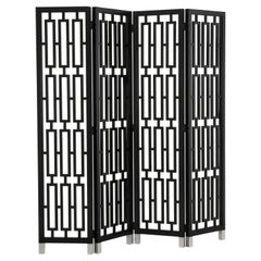 Black Lacquered Wooden and Stainless Steel Folding Screen Divider