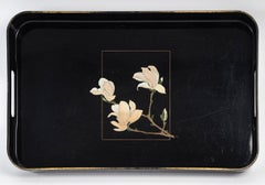 Black Lacquered Wooden Tray with Floral Motifs, Circa 1980.