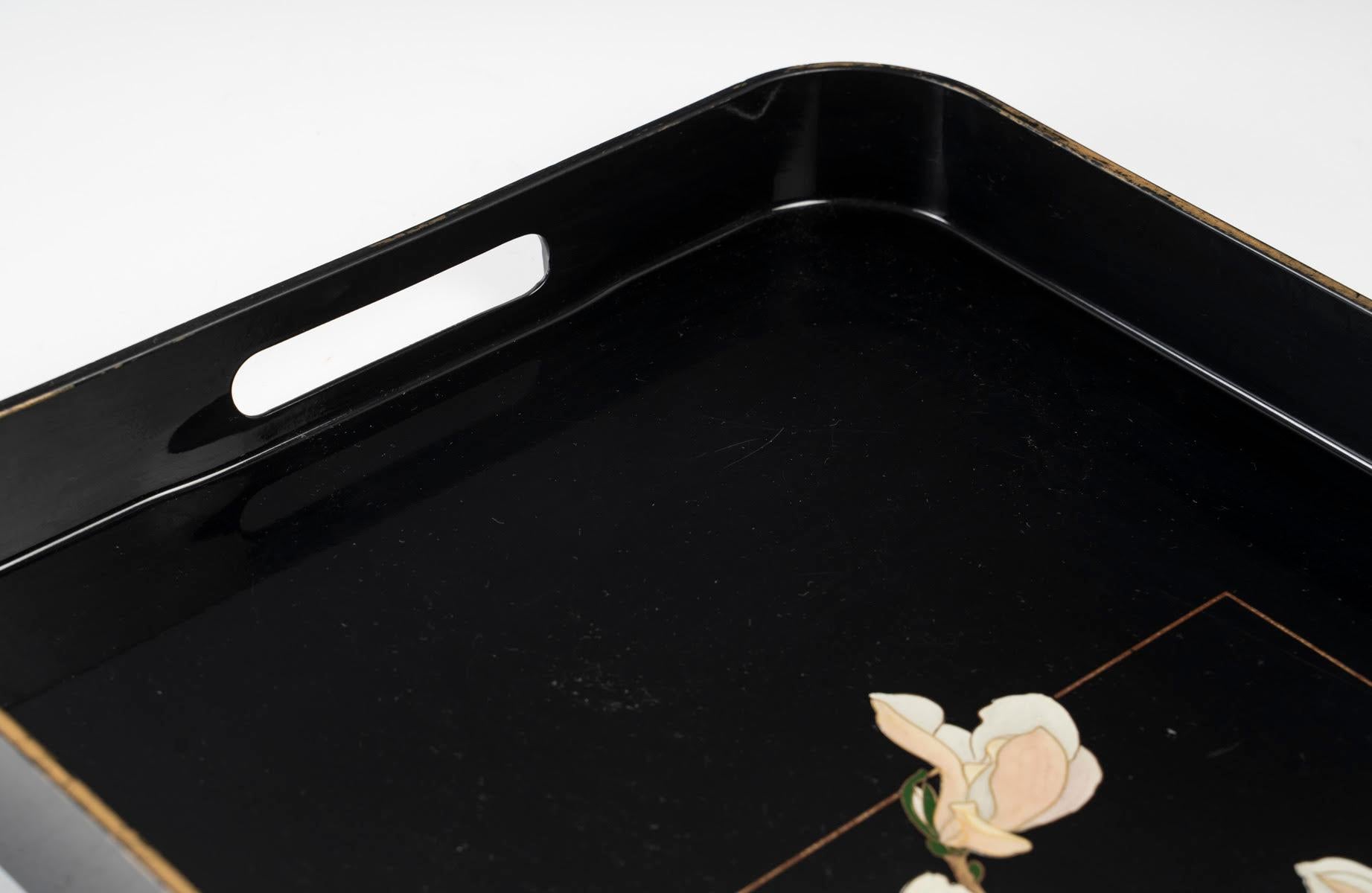 Modern Black Lacquered Wooden Tray with Floral Motifs, Circa 1980.