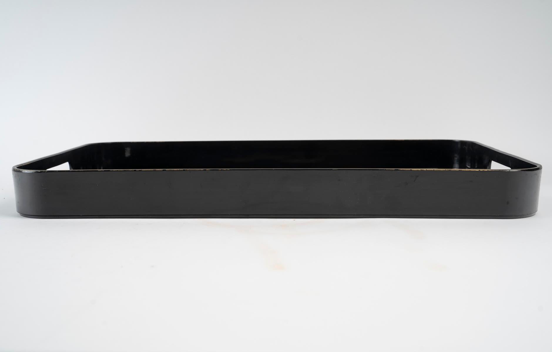 20th Century Black Lacquered Wooden Tray with Floral Motifs, Circa 1980.