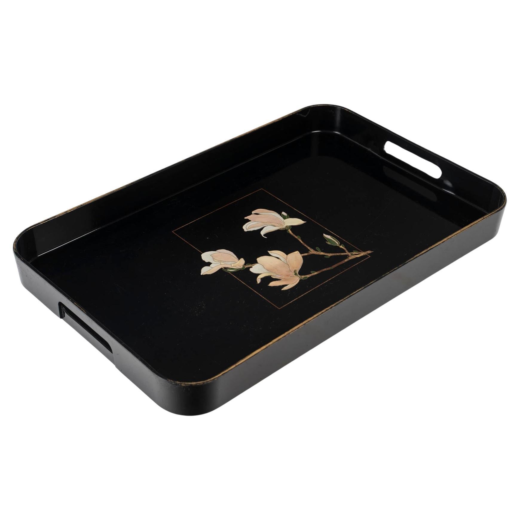 Black Lacquered Wooden Tray with Floral Motifs, Circa 1980.