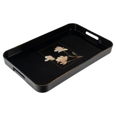 Vintage Black Lacquered Wooden Tray with Floral Motifs, Circa 1980.