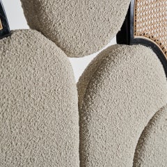 Black Lacquered Wooden with Cane Rattan and Bouclé Fabric Headboard
