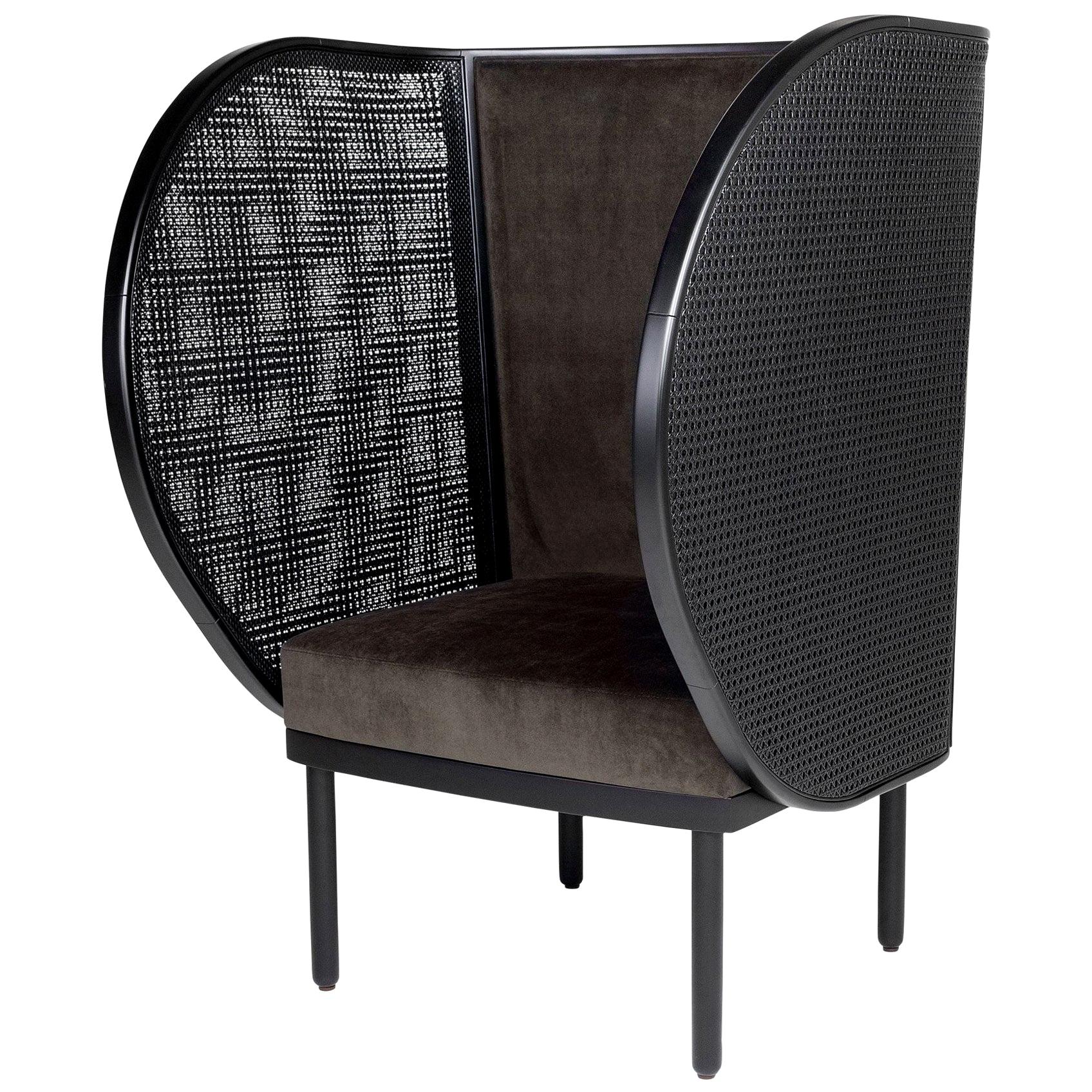 Black Lacquered Woven Cane and Wooden with Velvet Armchair