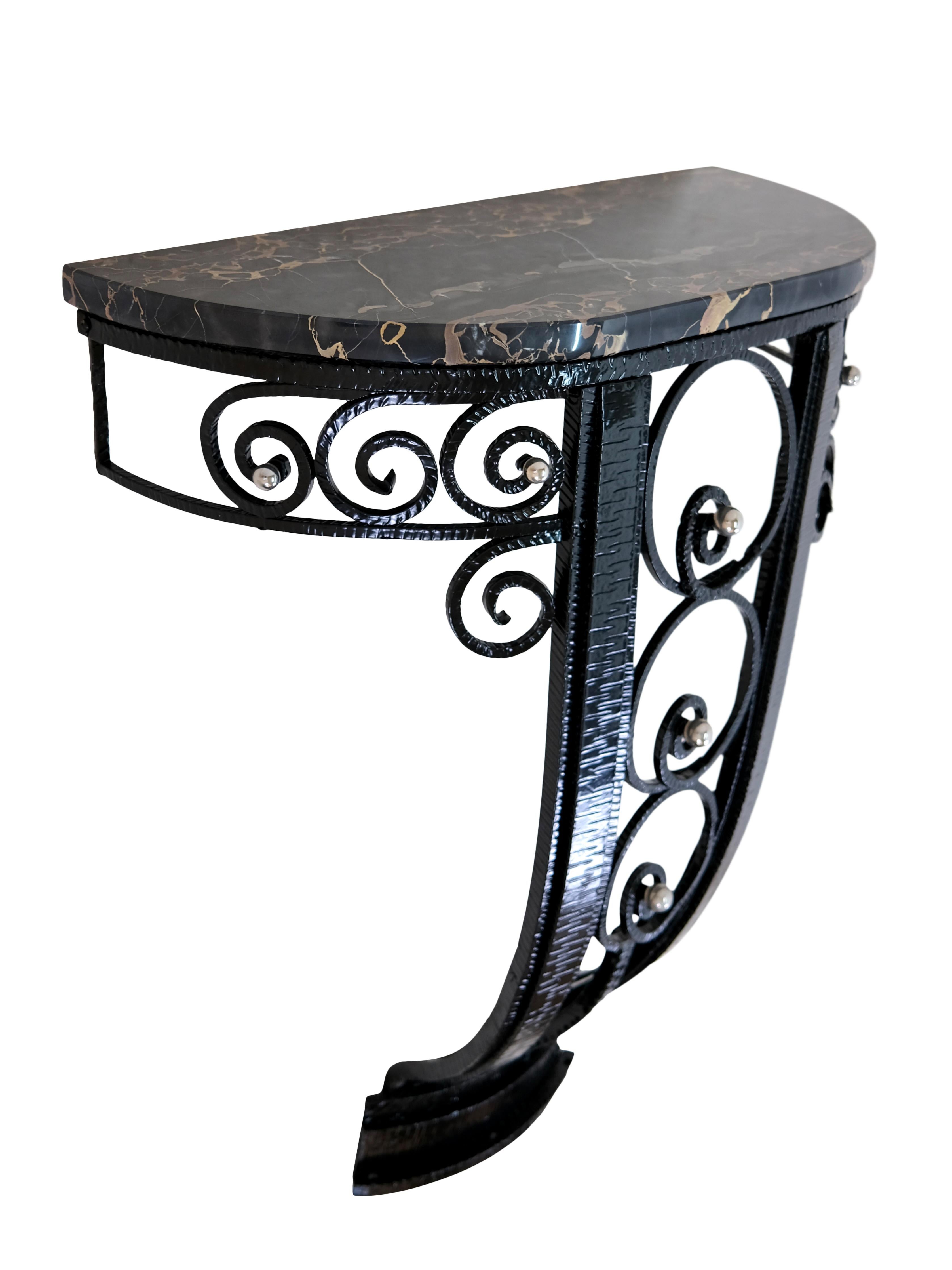 Black Lacquered Wrought Iron French 1930's Art Deco Console Table with Marble In Good Condition In Ulm, DE