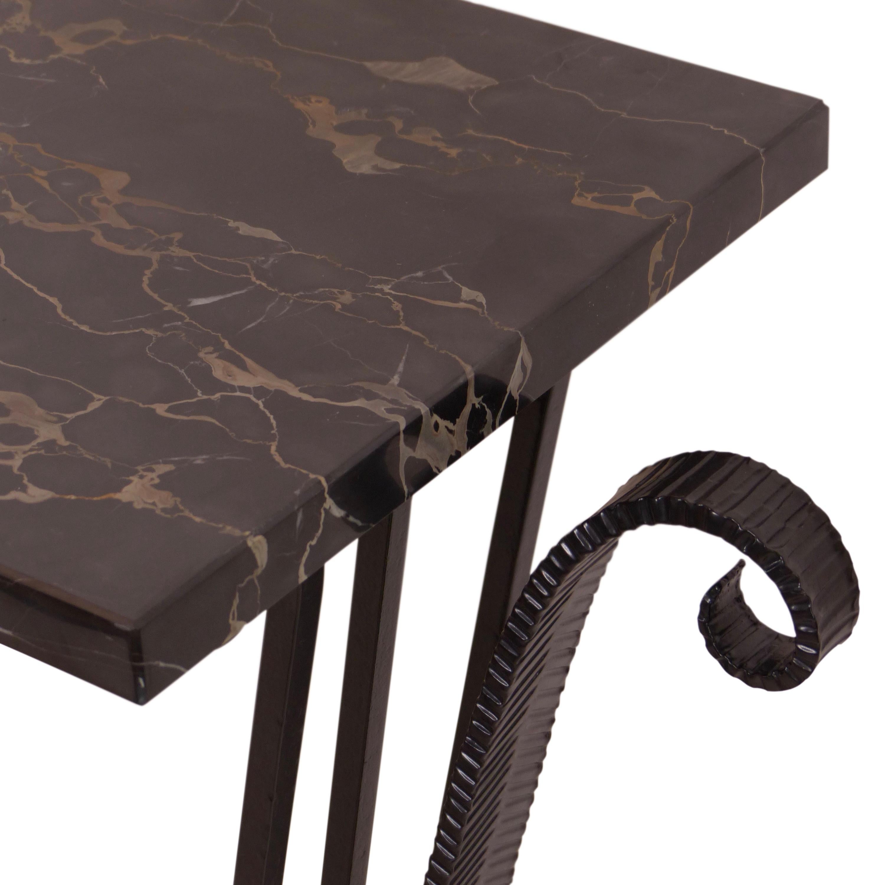 Blackened Black Lacquered Wrought Iron French 1930's Art Deco Console Table with Marble For Sale